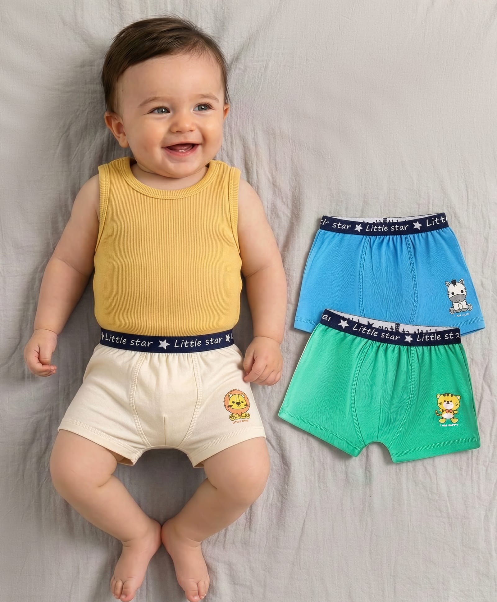 Babyoye Cotton Knit Trunk with Animal Print Pack of 3 - Green White & Blue-image-35