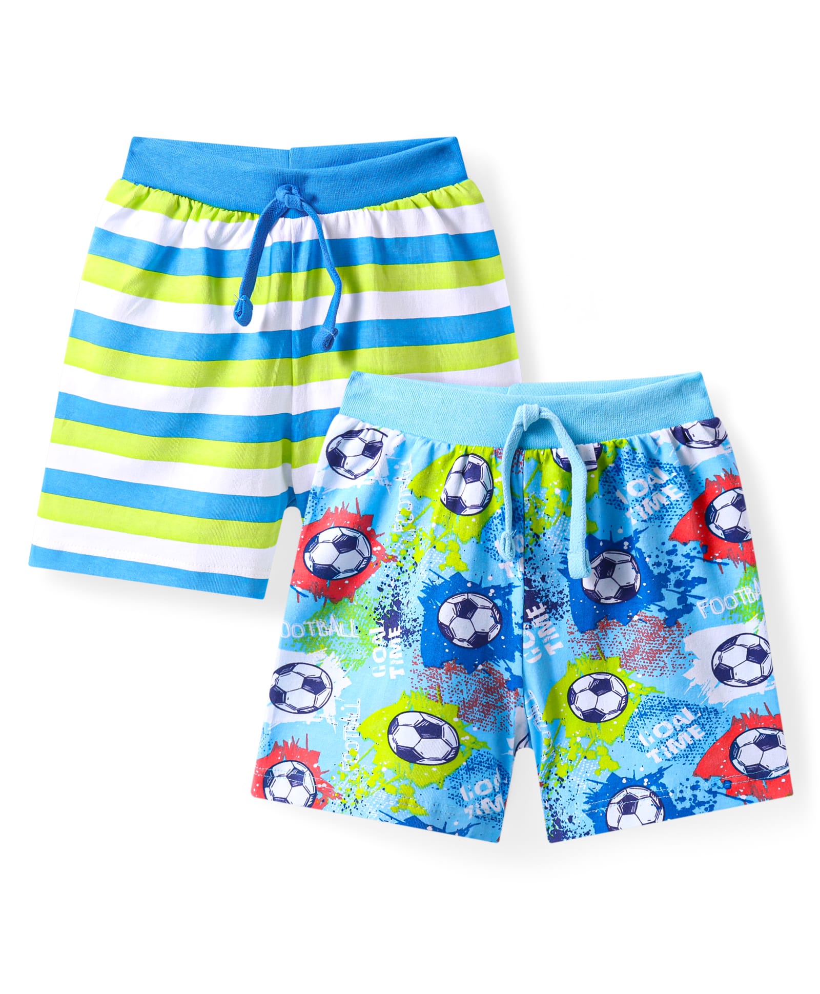 Babyhug Cotton Knit Mid Thigh Length Shorts with Sports Theme Print & Stripes Pack of 2 - Light Green & Blue-image-49