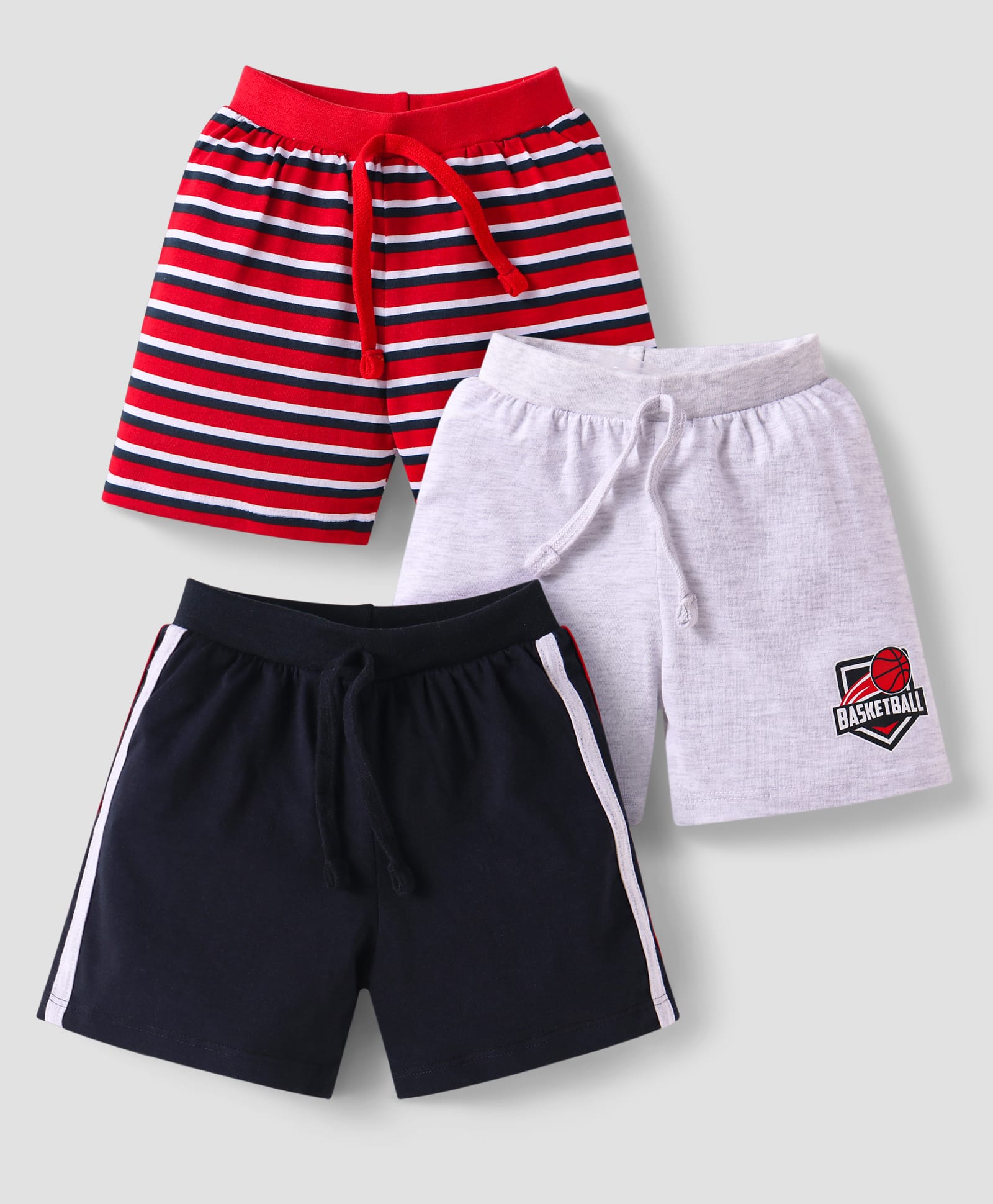 Babyhug Single Jersey Knit Shorts with Stripes & Tape Detailing Pack Of 3 - Grey & Red-picture-15