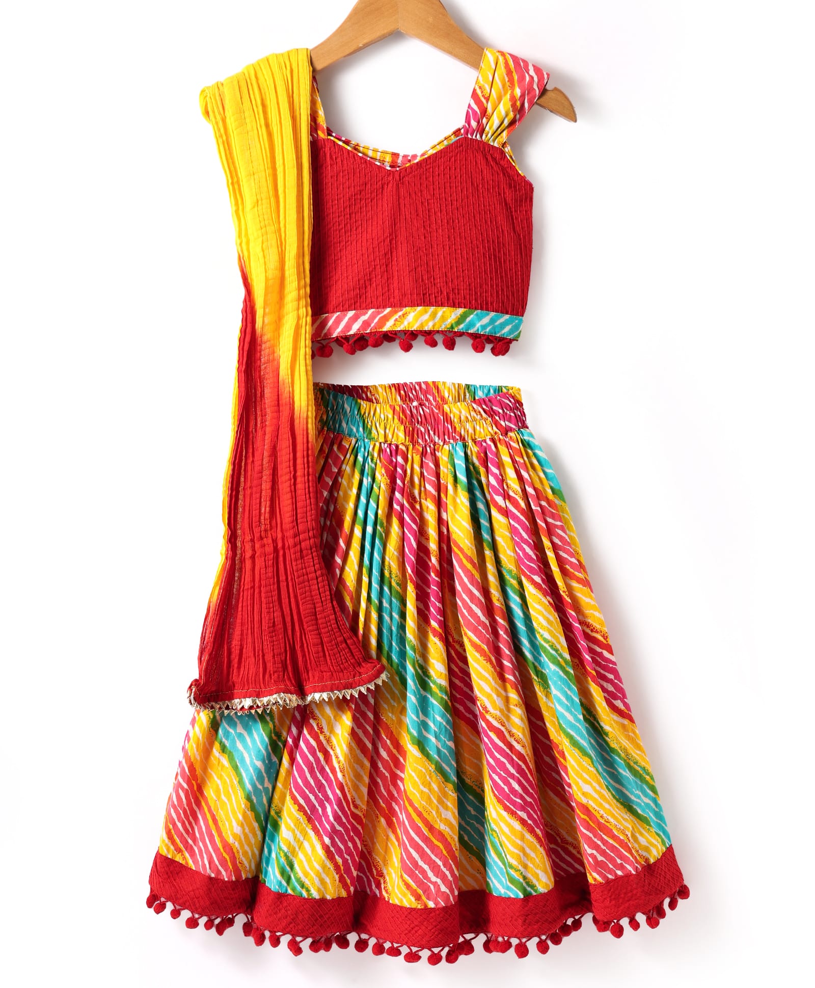 Exclusive from Jaipur Cotton Woven Sleeveless Striped Choli Lehenga Set with Dupatta & Lace Detailing - Red-image-14