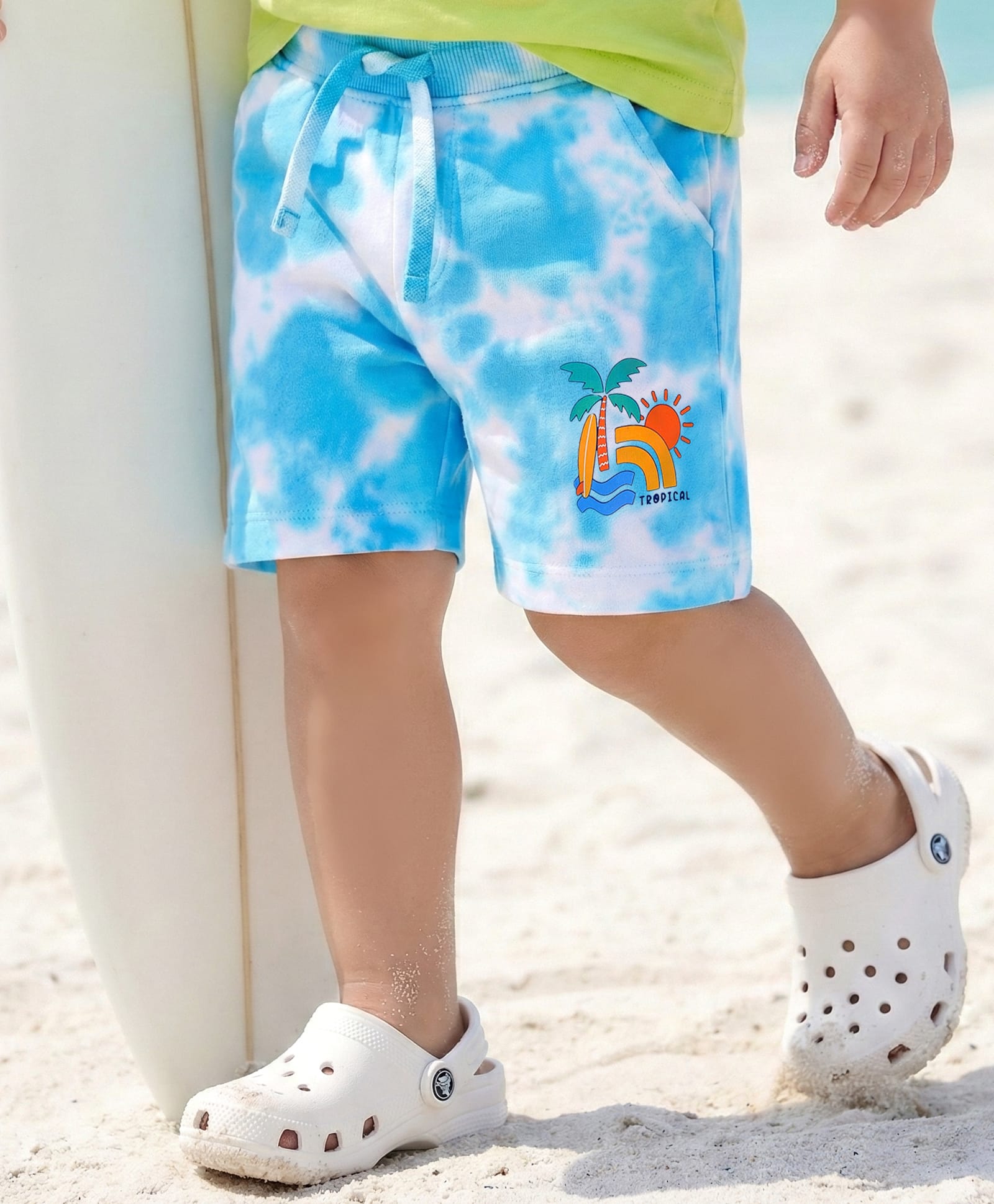 Babyhug Cotton Knit Shorts With Tropical & Tie & Dye Print - Light Blue & White-picture-12