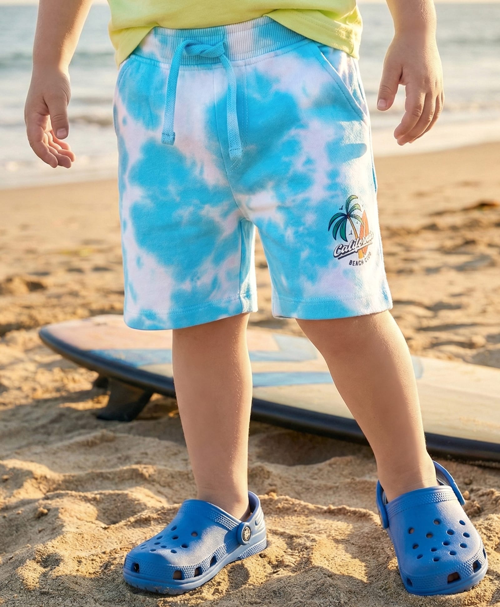 Babyhug Cotton Looper Knit Tie & Dye Shorts with Beach Theme Print - Light Blue-picture-27