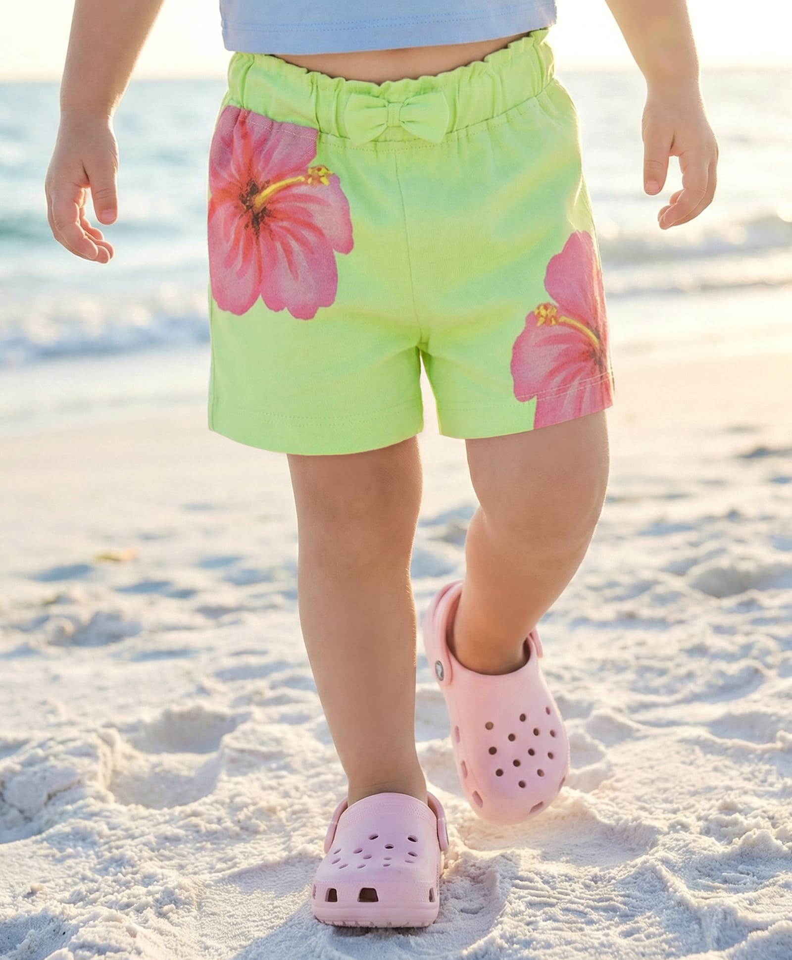 Babyhug Single Jersey Knit Shorts with Floral Print & Bow Applique - Light Green