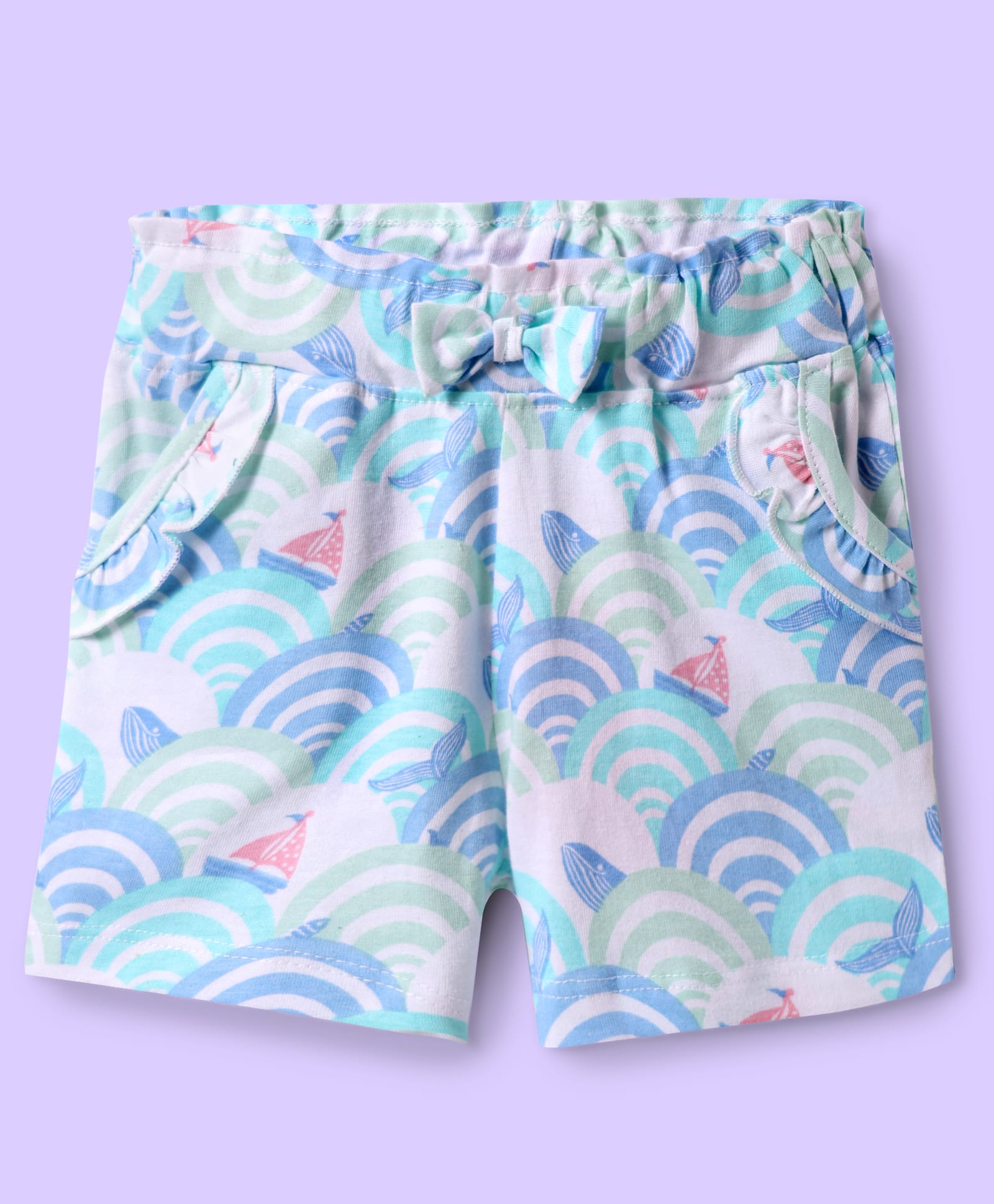Babyhug Cotton Knit Mid Thigh Shorts with Beach Theme Print with Bow Applique - Light Blue-image-42