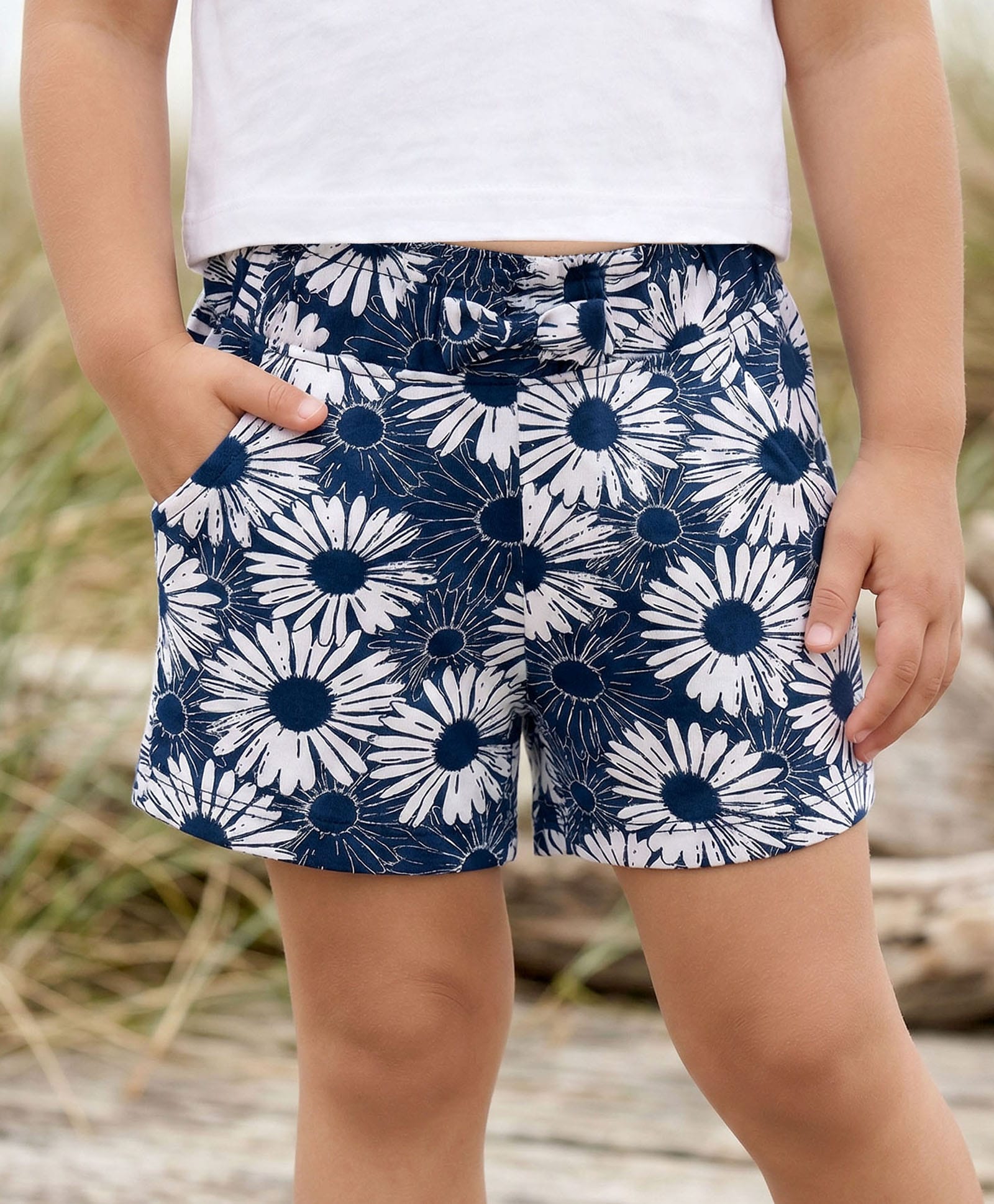 Babyhug Cotton Knit Shorts With Bow Applique Floral Print - Navy Blue-image-27