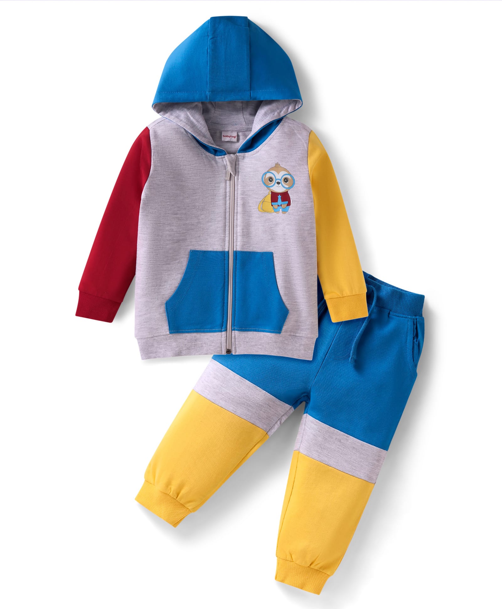 Babyhug Terry Knit Full Sleeves Cut & Sew Hooded T-Shirt & Lounge Pant Set with Animal Print - Blue Yellow & Grey-picture-17