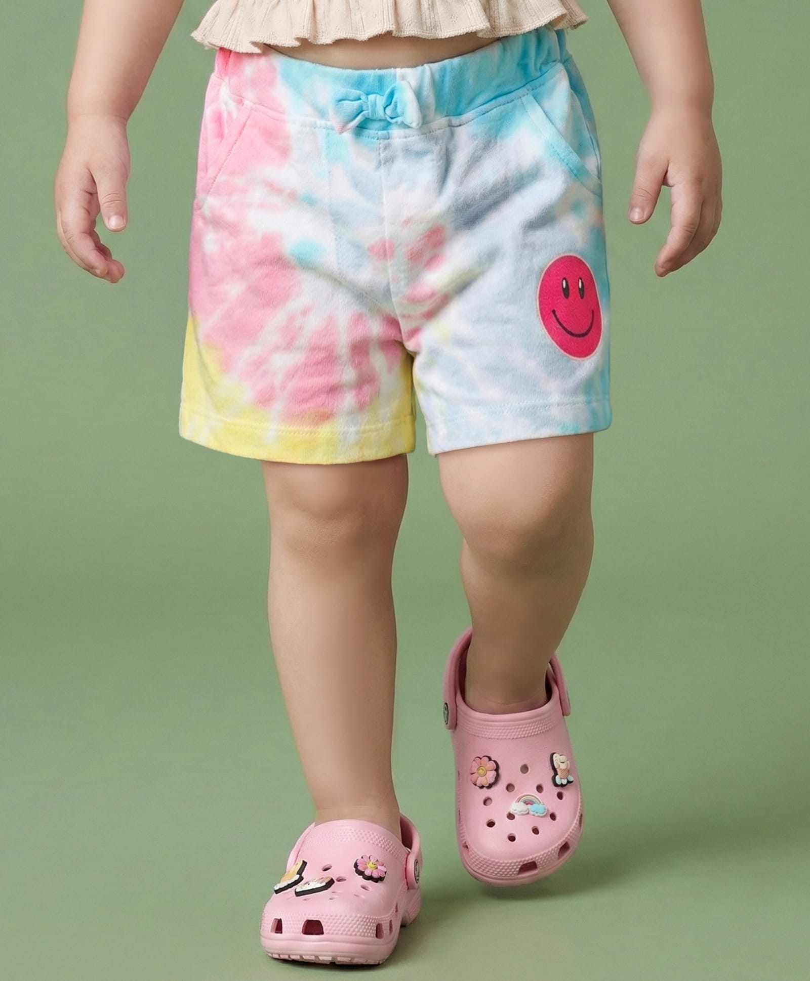 Babyhug Cotton Knit Shorts With Bow Applique Tie & Dye Print - Light Blue