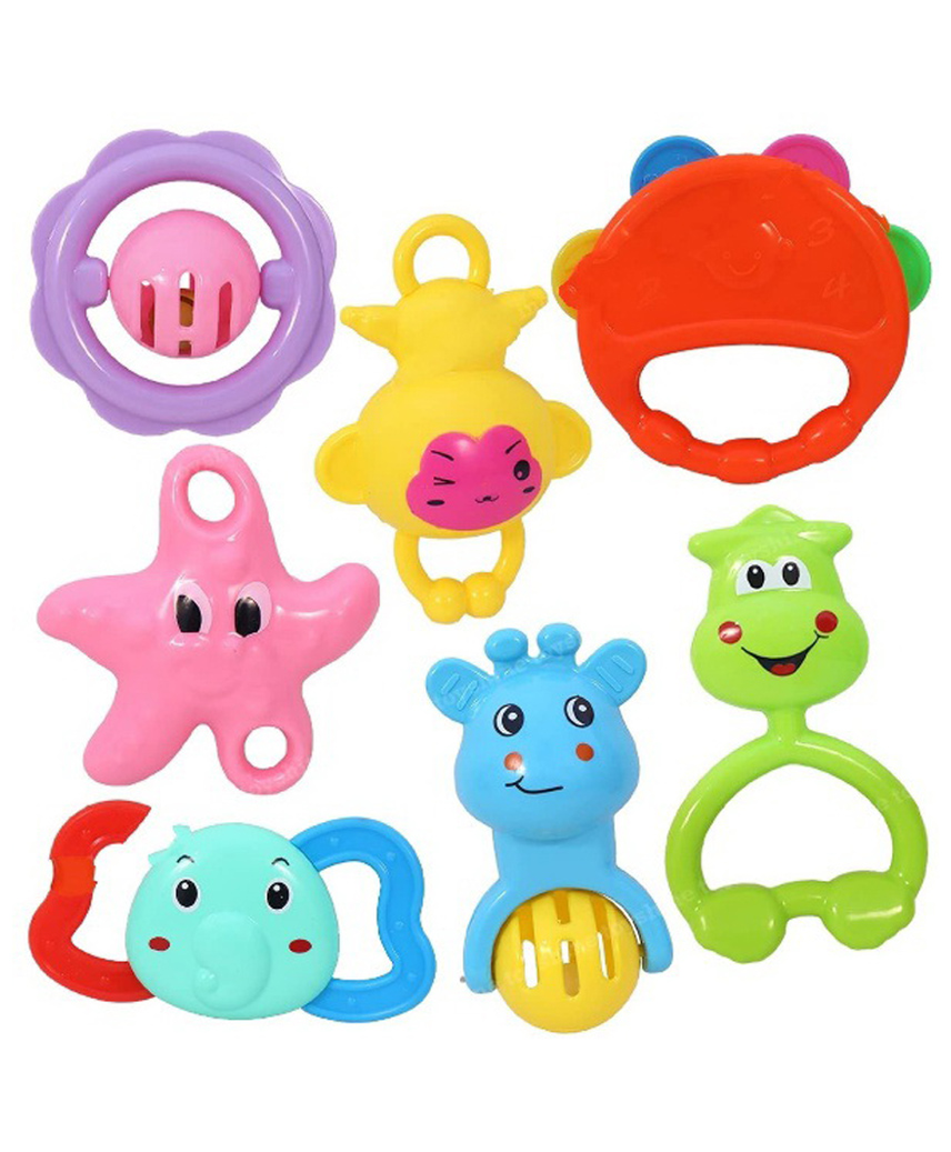 NEGOCIO Rattle Set with Teethers for New Born Babies Toy for Babies Non-Toxic Pack of 7 (Colour and Design May Vary)