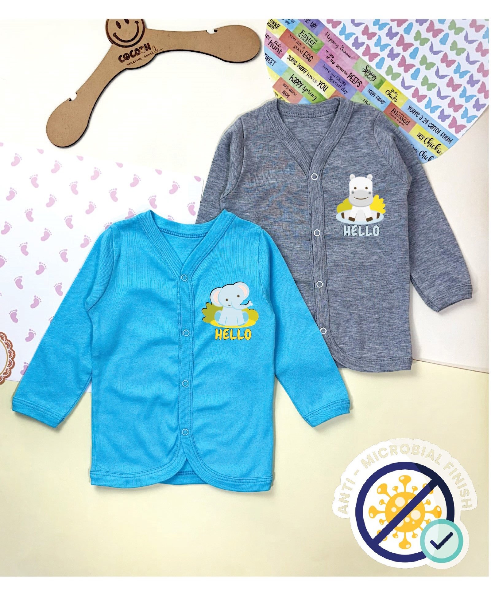 COCOON ORGANICS Cotton Rib Pack Of 2 Full Sleeves Animals Printed Anti Microbial Jhablas - Sky Blue & Grey Melange-image-7