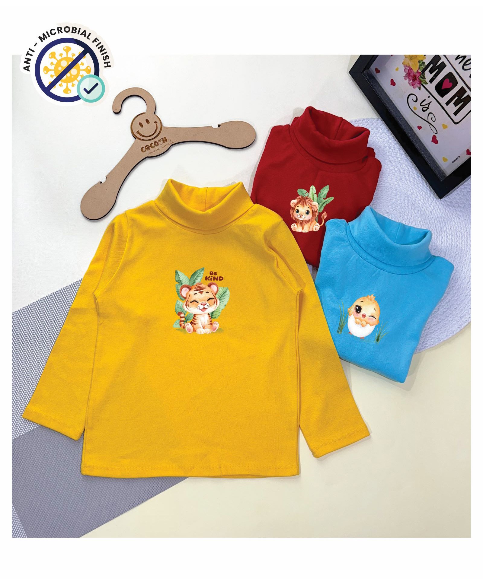 COCOON ORGANICS Cotton Rib Pack Of 3 Full Sleeves Animals Printed Anti Microbial Tees - Yellow Red & Sky Blue-image-14
