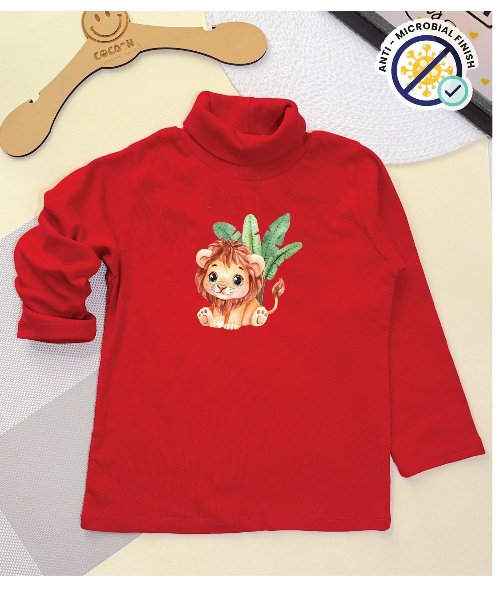 COCOON ORGANICS Cotton Rib Full Sleeves Lion Printed Anti Microbial Tee - Red-image-48