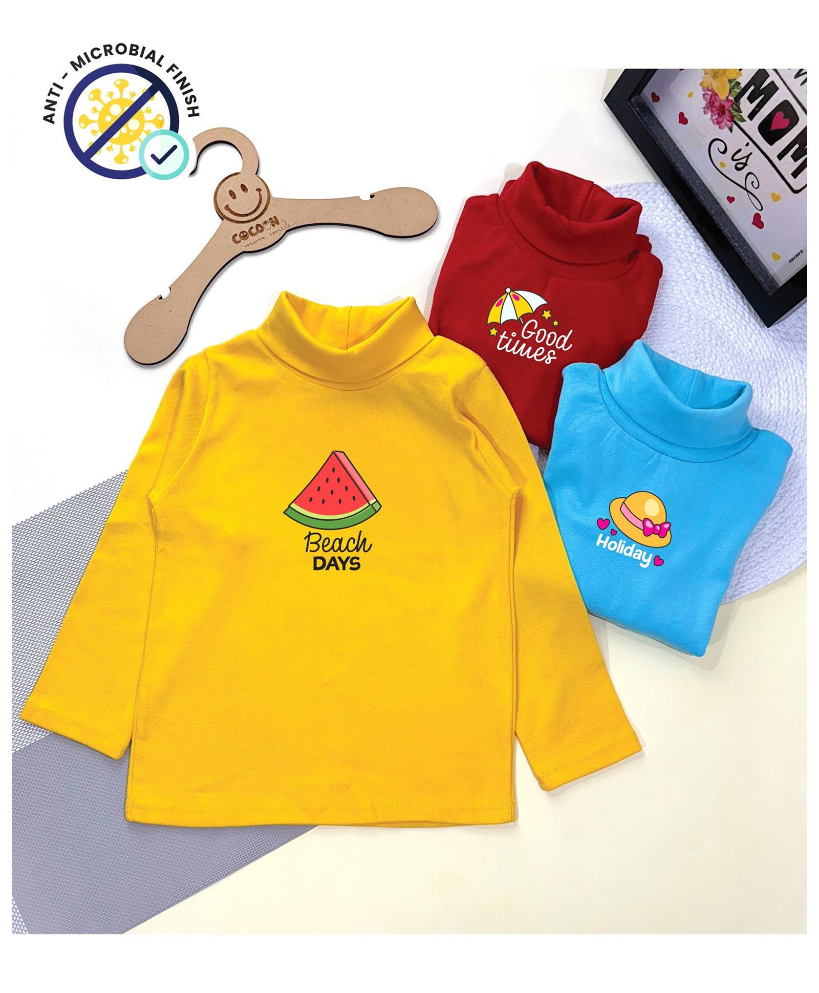 COCOON ORGANICS Cotton Rib Pack Of 3 Full Sleeves Beach Theme Printed Anti Microbial Tees - Yellow Red & Sky Blue-image-25