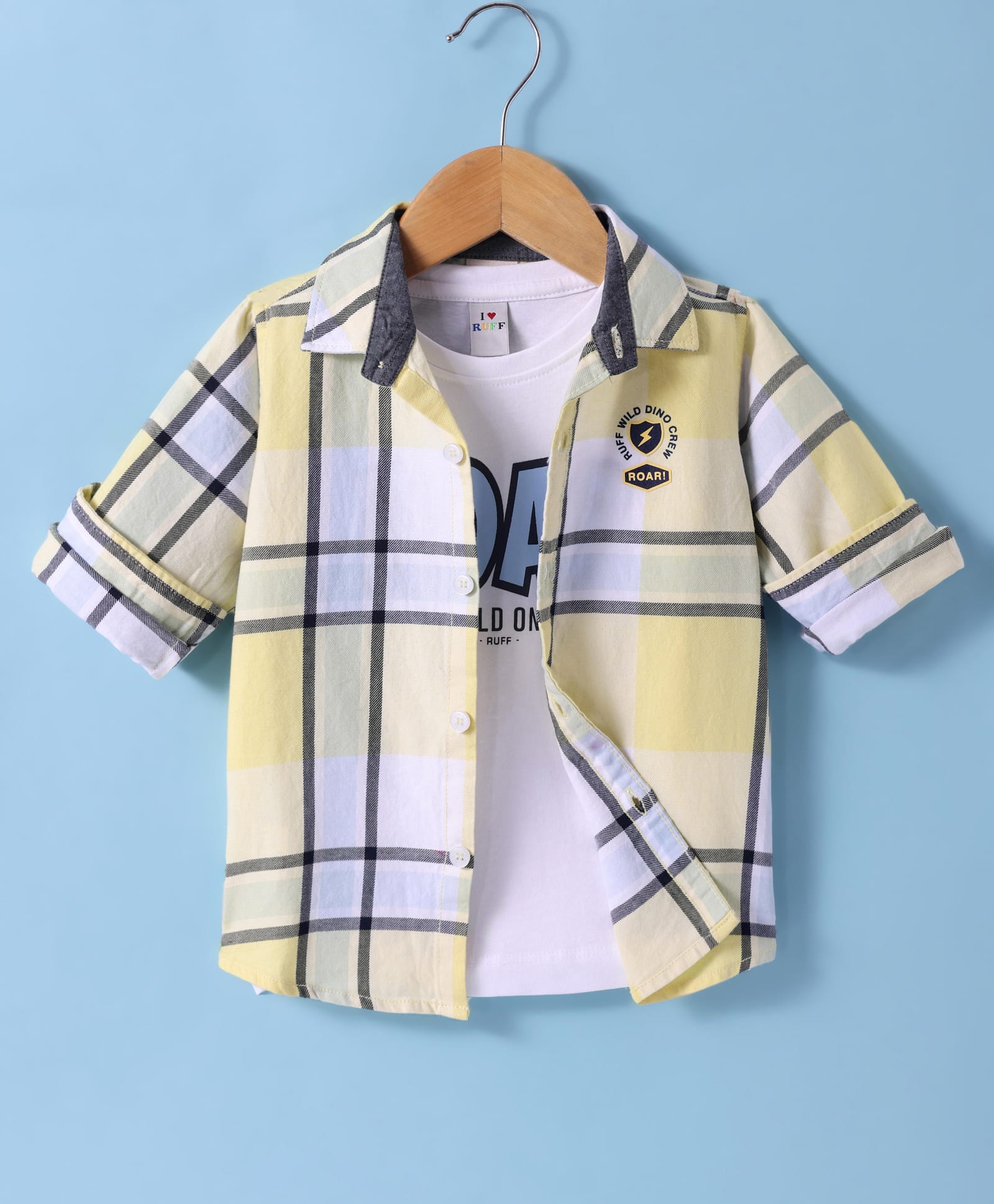 Ruff Twill Woven Full Sleeves Shirt With Checks & Text Printed Inner T-Shirt - Lemon Yellow-picture-30