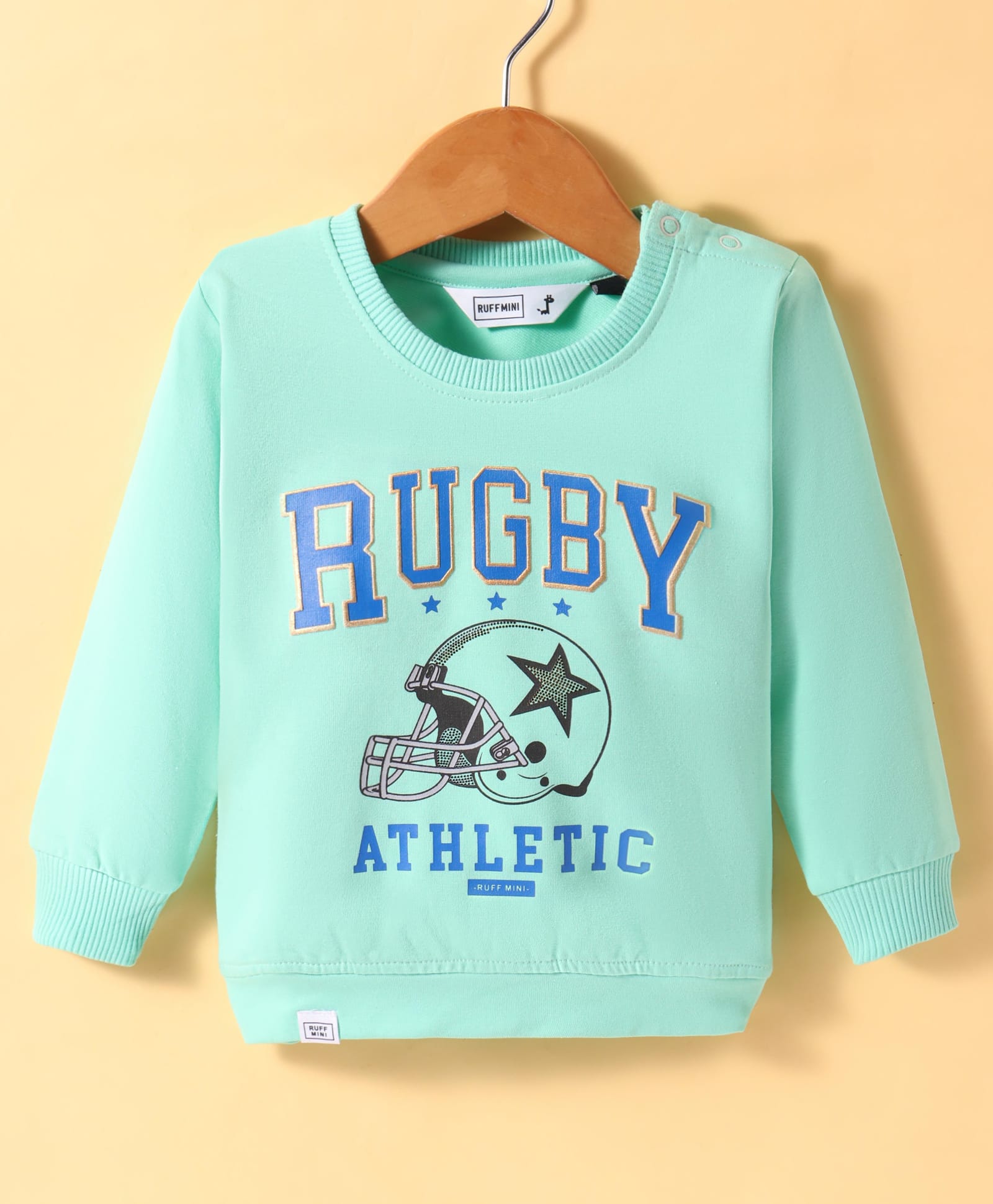 Ruff Terry Knit Full Sleeves T-Shirt with Rugby Theme Print - Sea Green-image-7