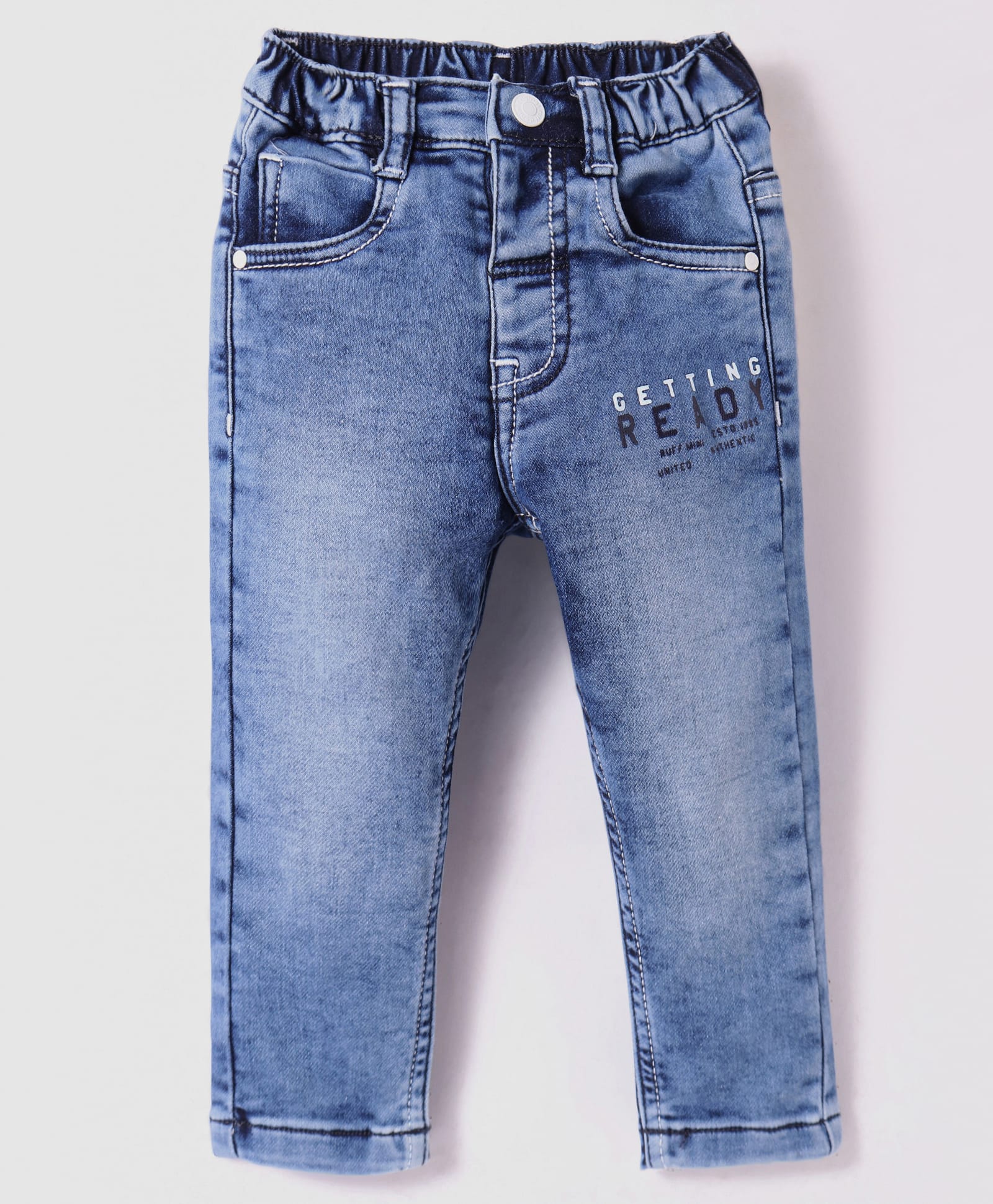 Ruff Full Length Washed Denim Jeans with Text Print - Light Blue-image-12