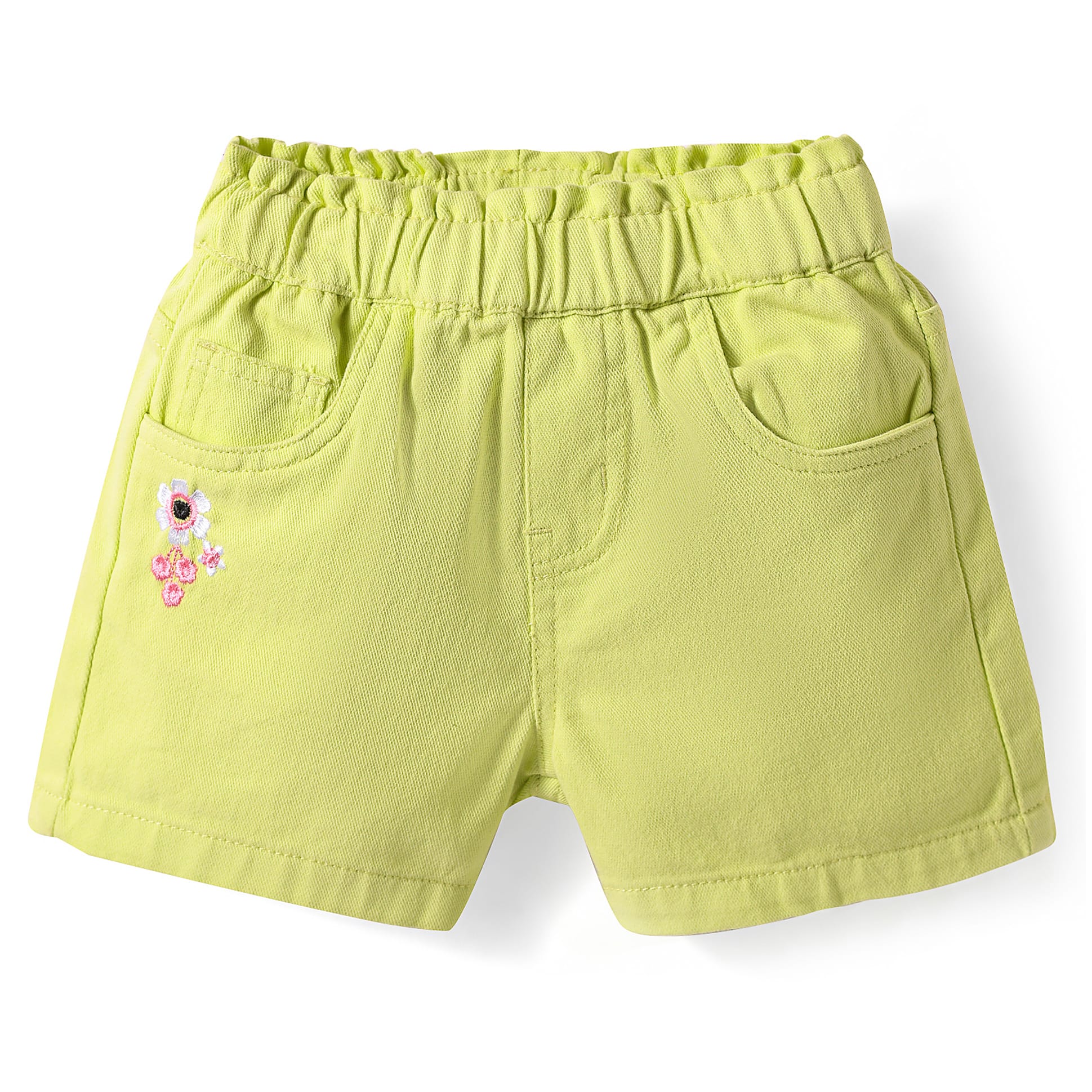 Kookie Kids Cotton Woven Shorts With Pockets & Floral Embroidery - Limegreen-image-1