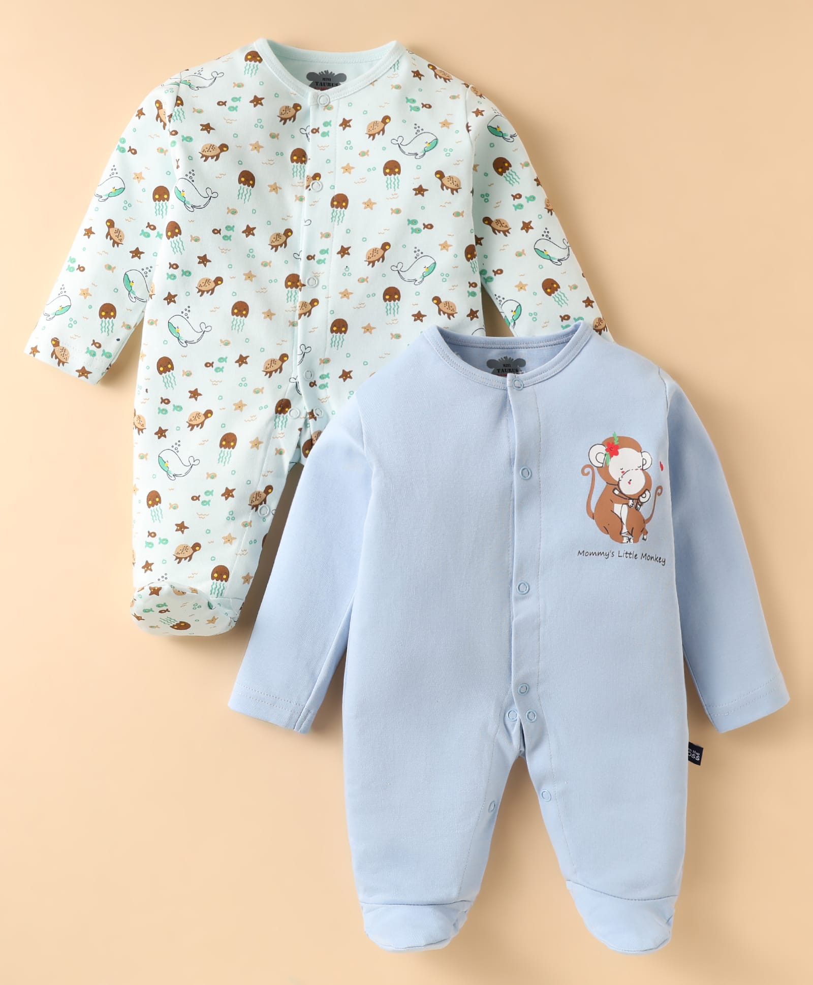 Mini Taurus Cotton Knit Full Sleeves Footed Rompers with Animal Print Pack of 2 - Light Blue & Mint-image-34