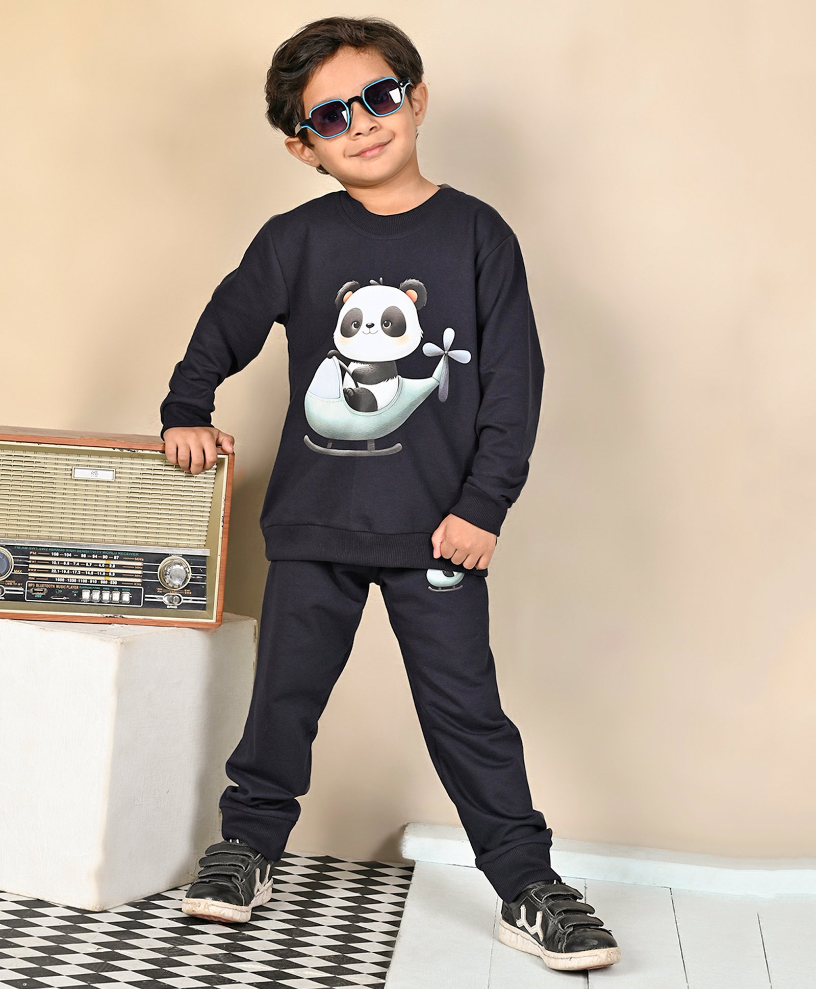 Superminis Cotton Full Sleeves Panda Printed Sweatshirt With Joggers Set - Navy Blue-image-31