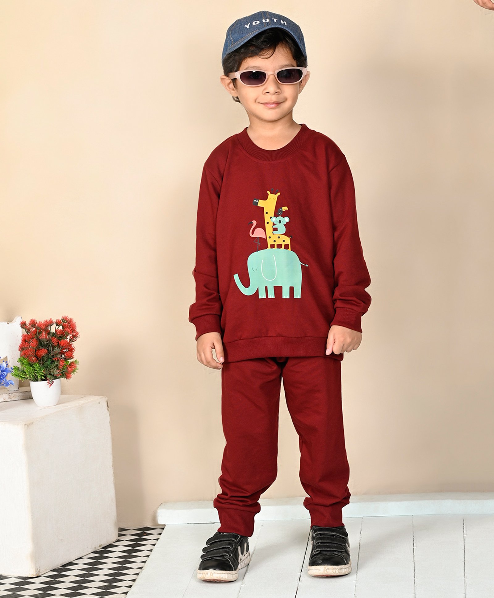Superminis Cotton Full Sleeves Wild Animals Printed Sweatshirt With Joggers Set - Maroon-image-33