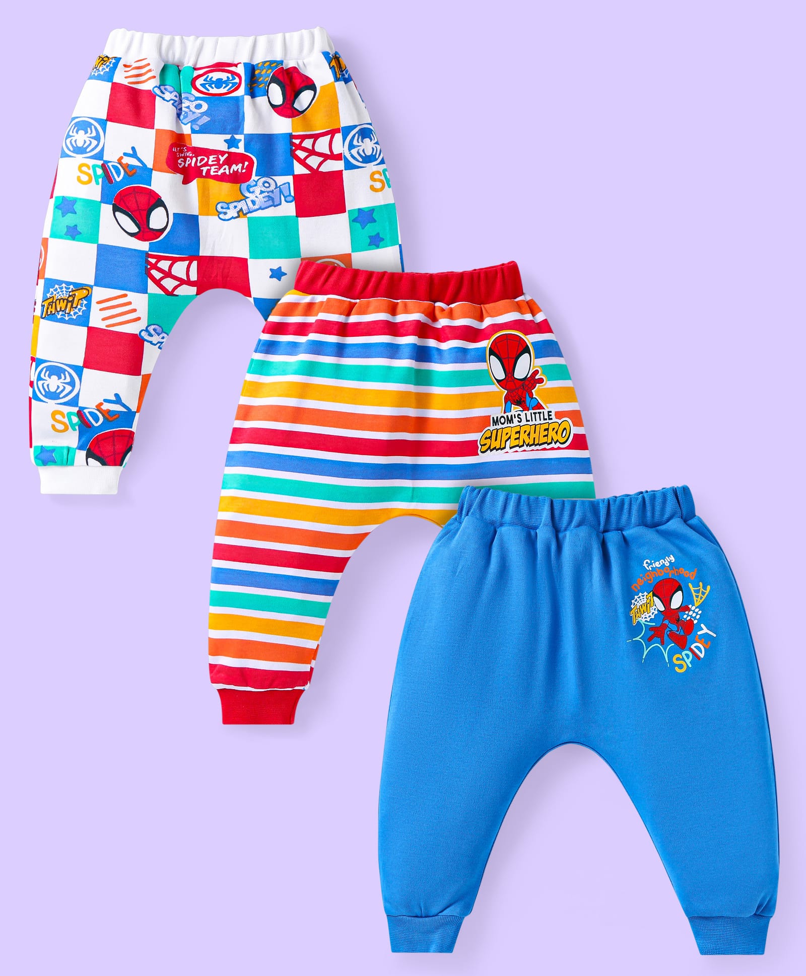 Babyhug Marvel Interlock Knit Full Length Diaper Leggings With Spider-Man Graphics Pack of 3 - Blue Red & White-image-33