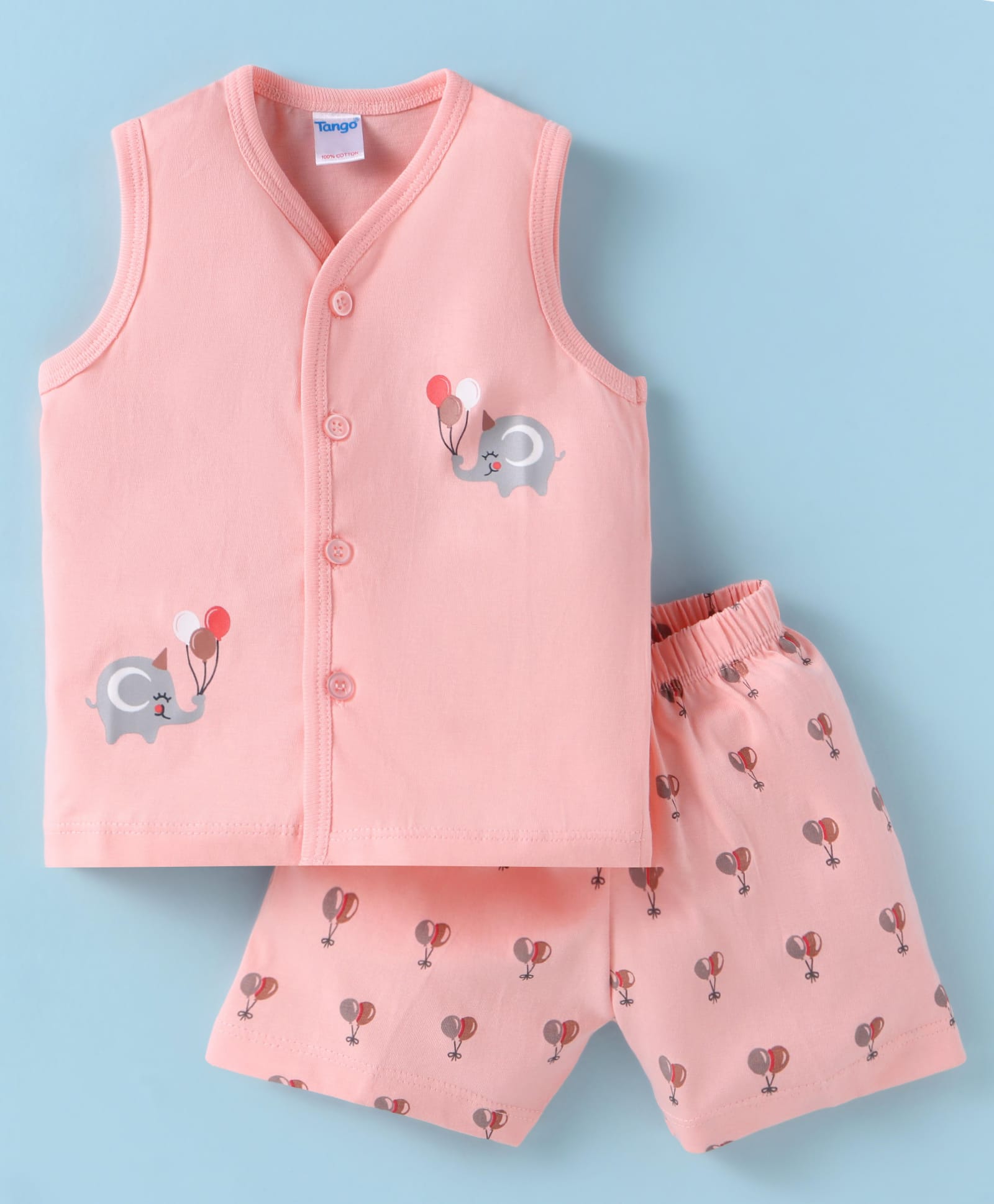 Tango Single Jersey KnitSleeveless Shorts Night Suit with Elephant Print - Light Peach-picture-38