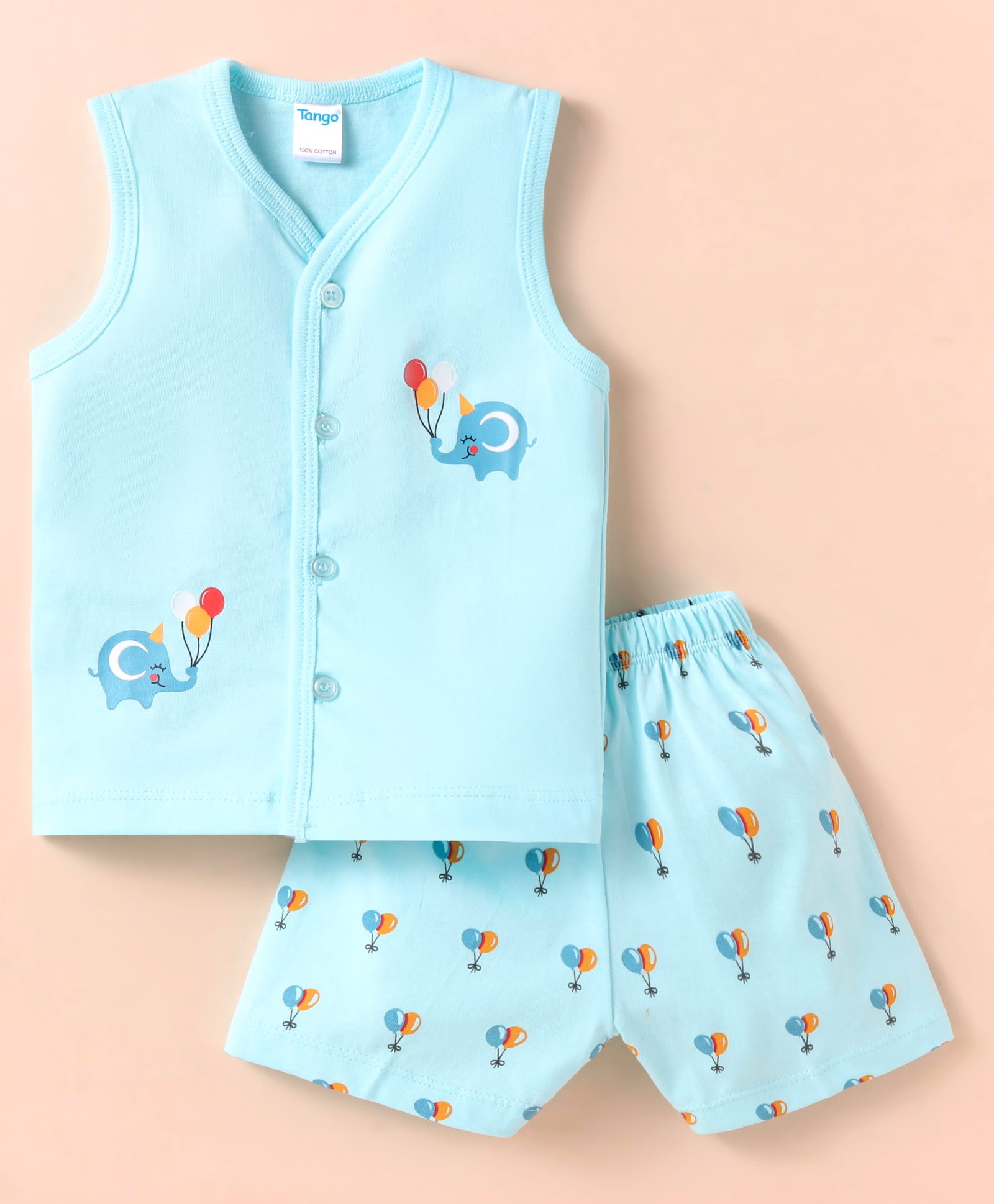 Tango Single Jersey Knit Sleeveless Front Open Shorts Night Suit Elephant Print - Aqua Blue-image-20