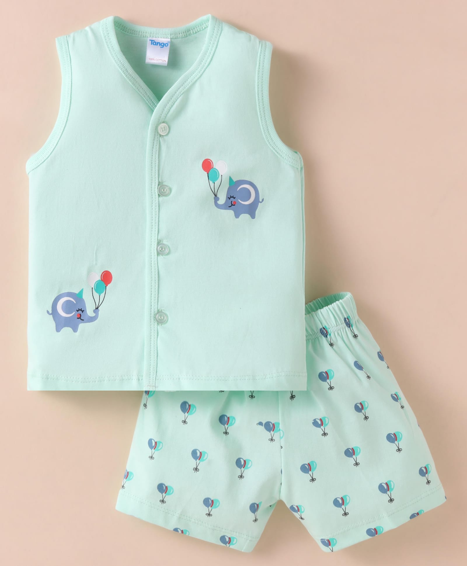 Tango Single Jersey Knit Sleeveless Front Open Shorts Night Suit Elephant Print - Sea Green-picture-34