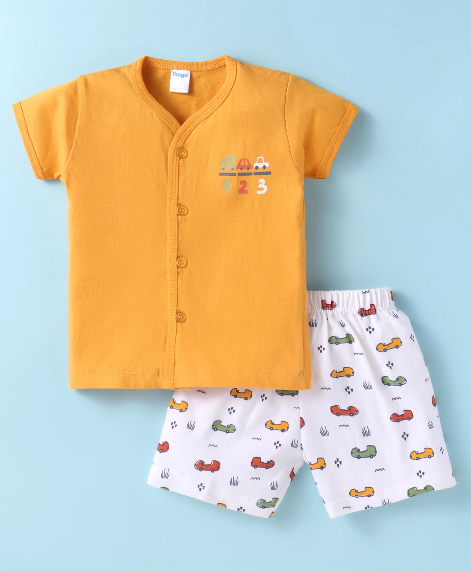 Tango Single Jersey Knit Half Sleeves Shorts Night Suit with Car Print - Golden & White-picture-15