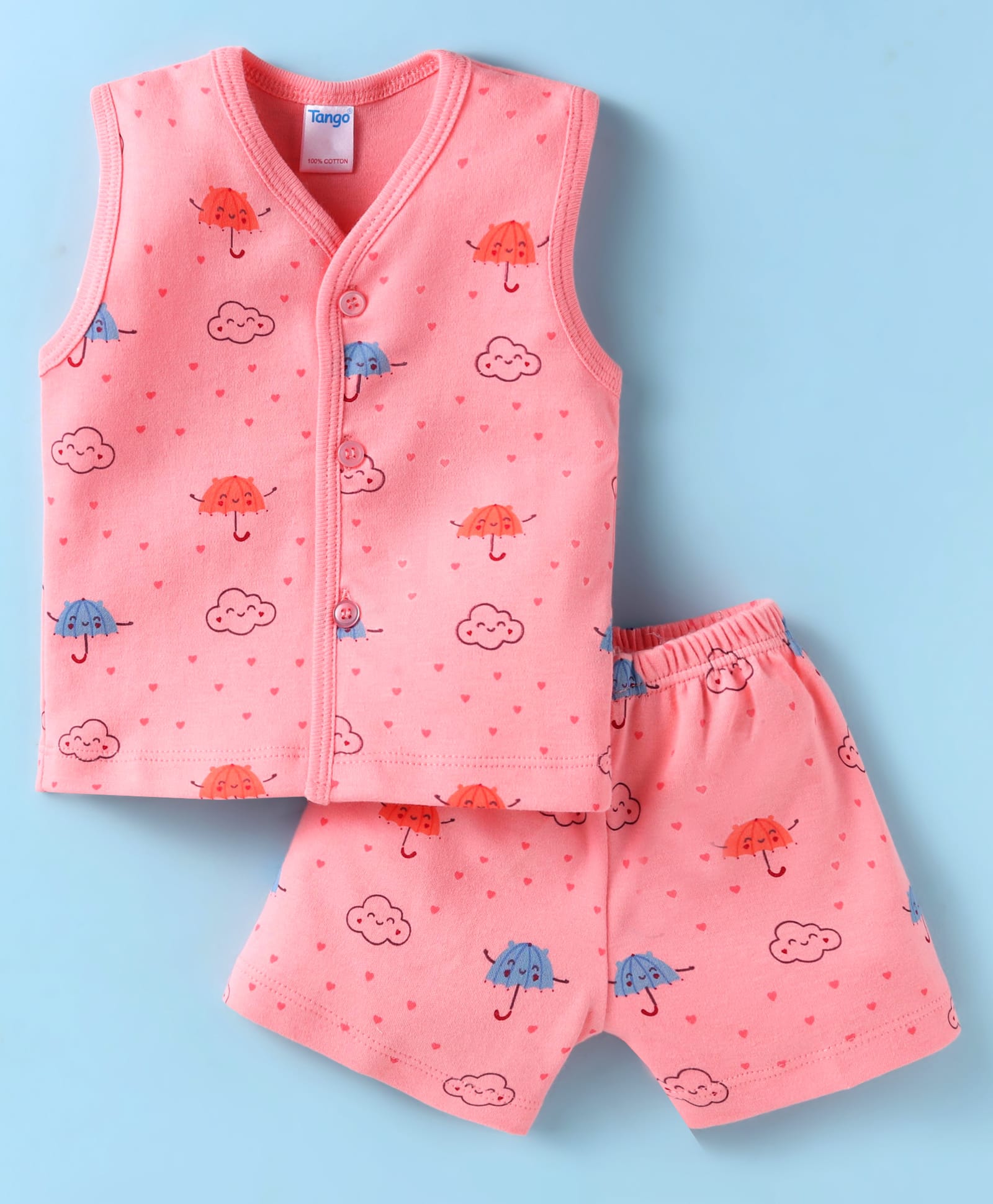 Tango Interlock KnitSleeveless Shorts Night Suit with Umbrella Print - Coral-image-14