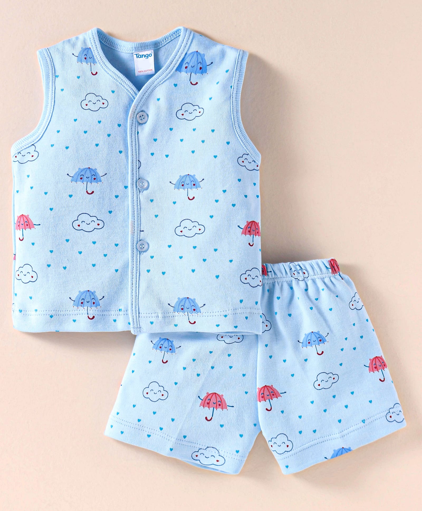 Tango Interlock Knit Sleeveless Shorts Night Suit with Hearts Print - Sky Blue-image-43