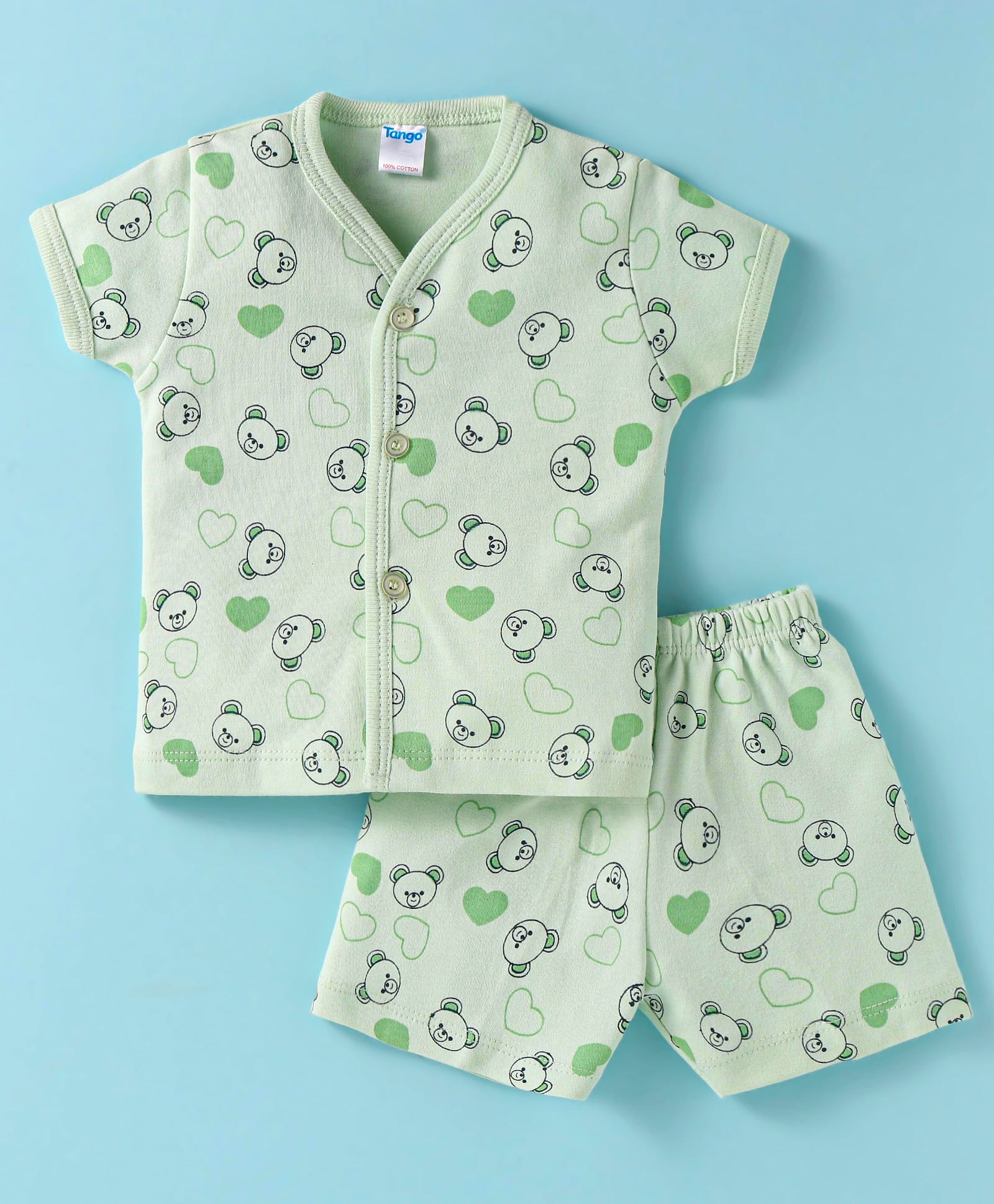 Tango Interlock Knit Half Sleeves Shorts Night Suit With Teddy Bear & Heart Print - Light Green-picture-12