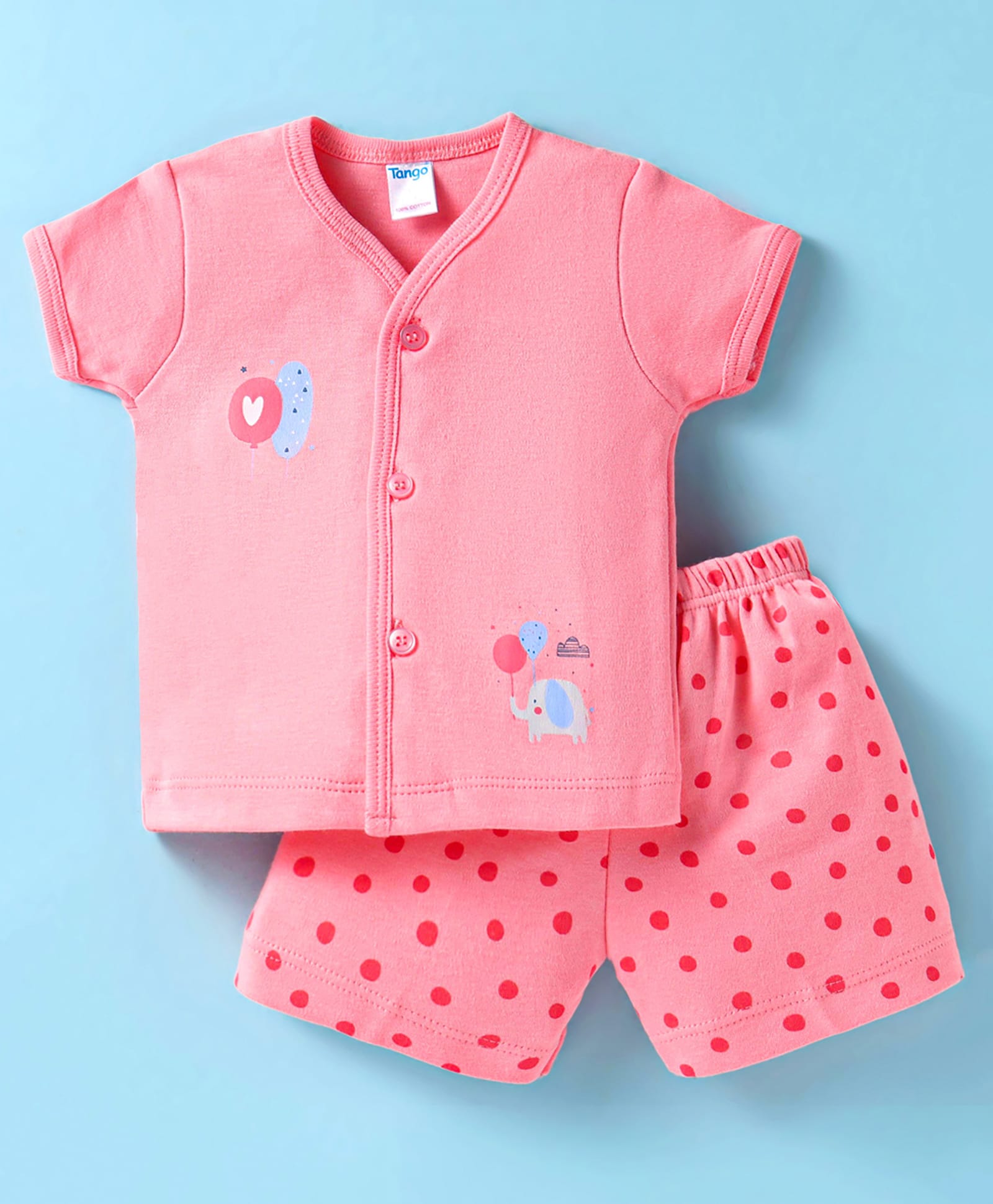Tango Interlock Knit Half Sleeves Shorts Night Suit with Polka Dots Print - Coral-image-29