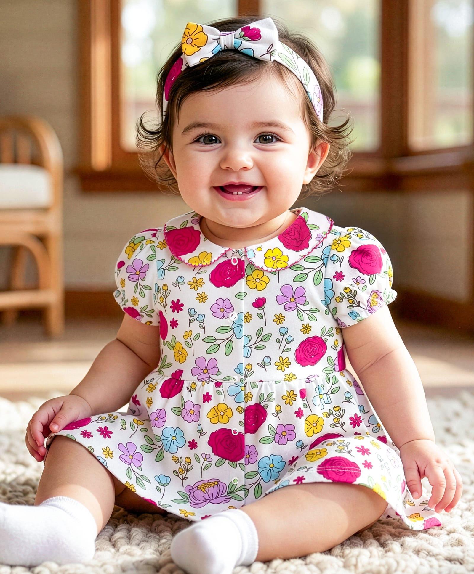 Babyoye 100% Cotton Knit Half Sleeves Floral Printed Frock With Bloomer & Headband - White