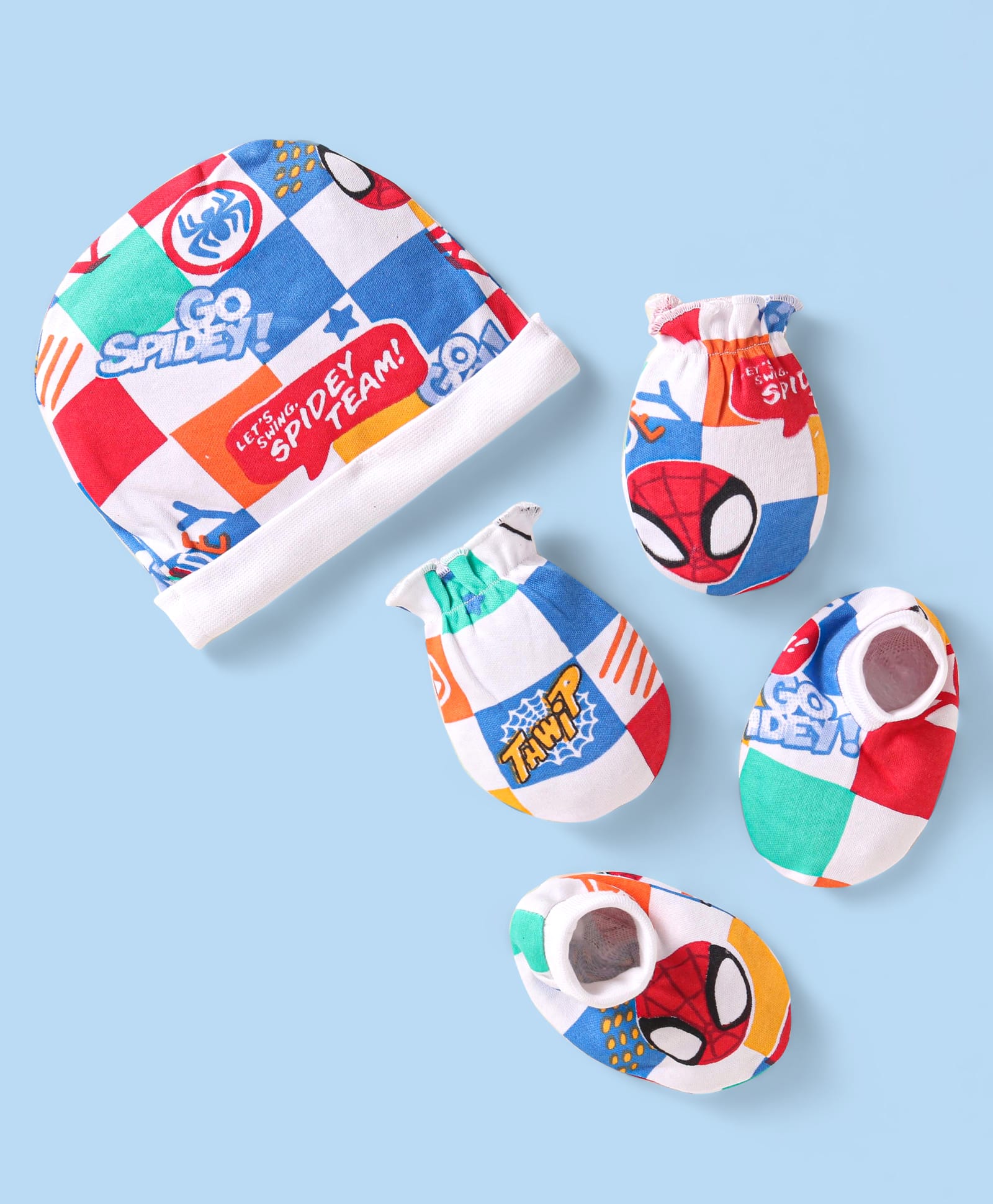 Babyhug Marvel Interlock Knit Cap Mittens & Booties With Spider-Man Graphics - White-image-39