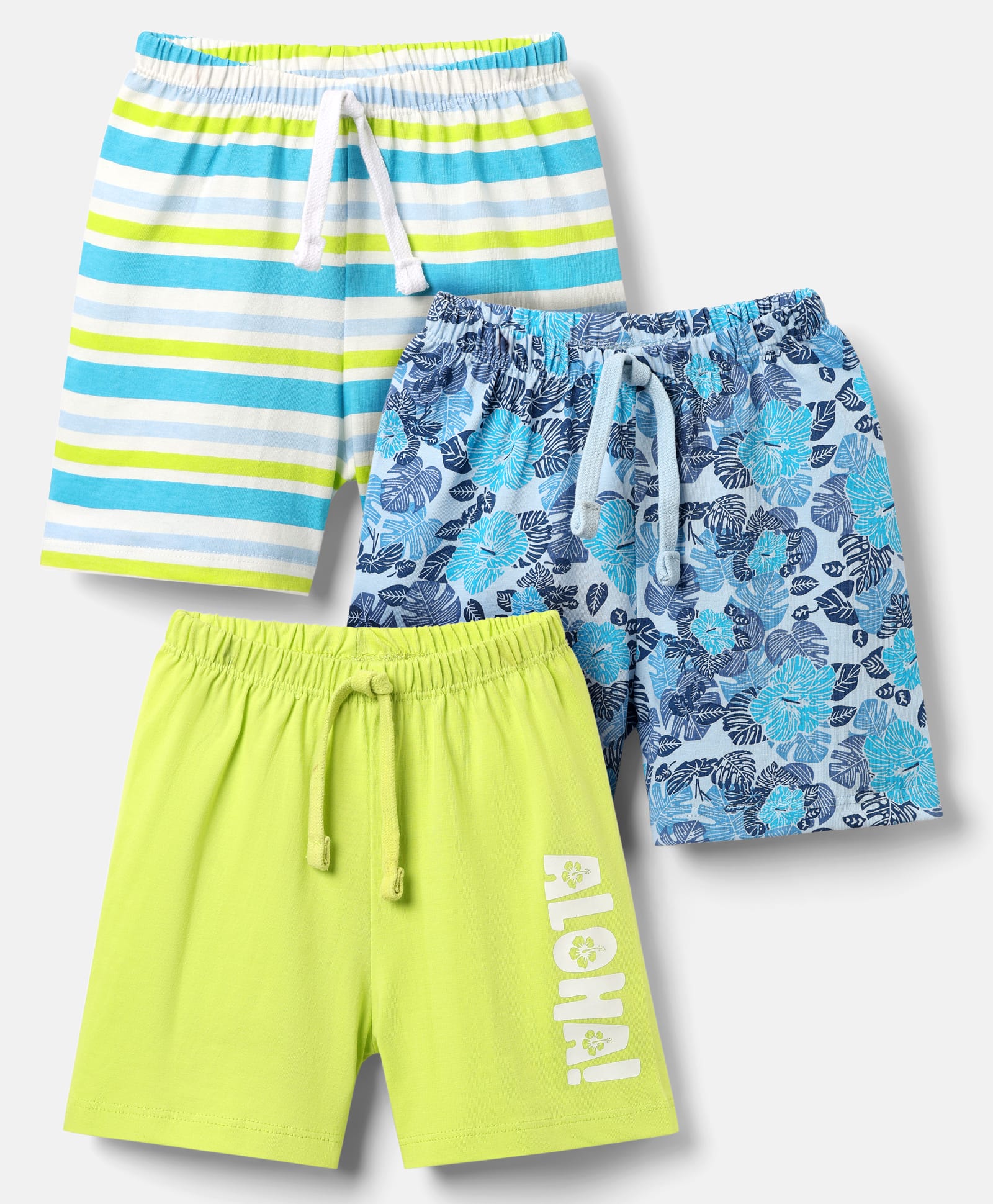Babyhug Single Jersey Knit Striped Floral & Text Printed Shorts Pack Of 3 - Blue Light Green & Sky Blue