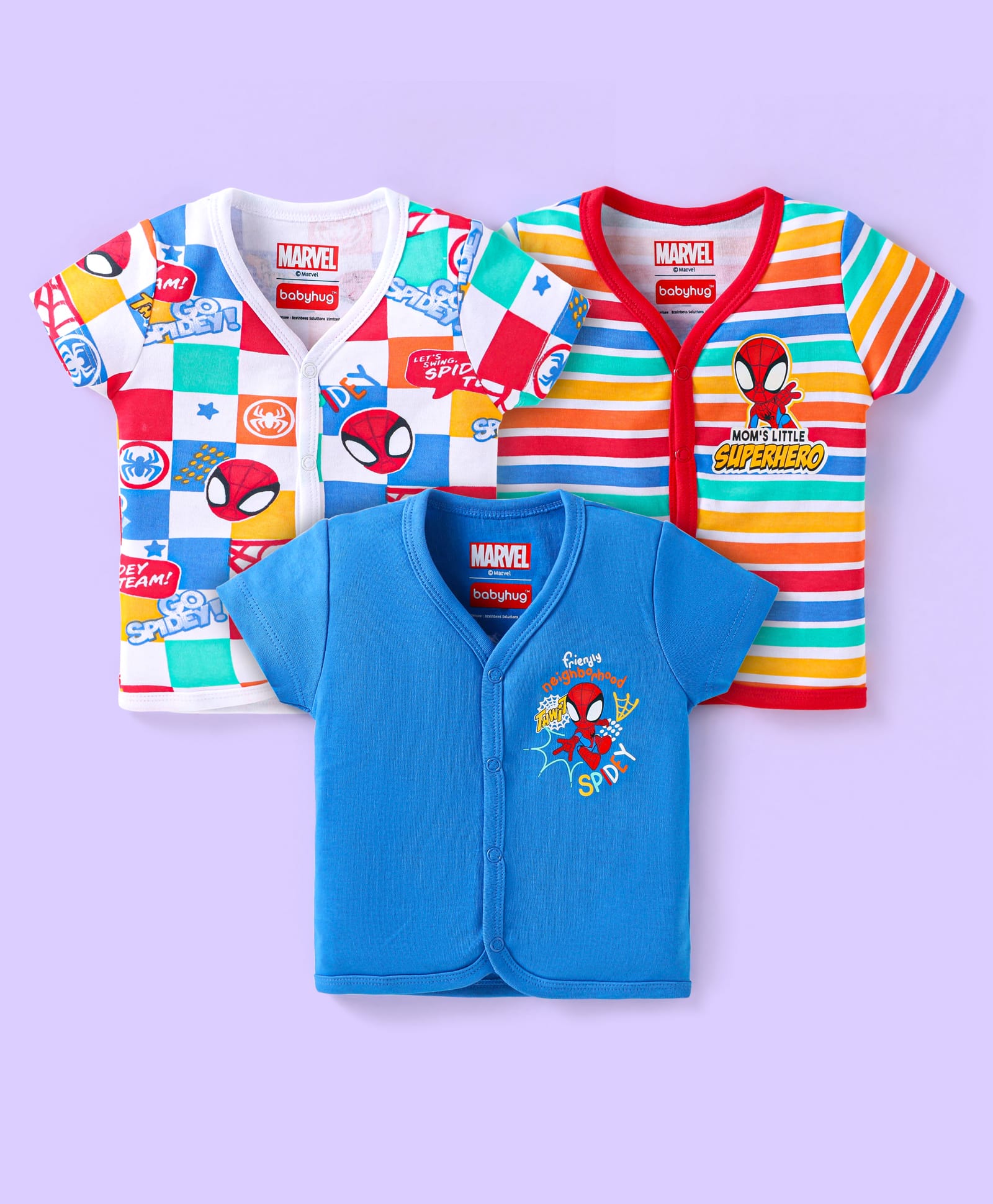 Babyhug Marvel Interlock Knit Half Sleeves Jhablas with Spiderman Graphics & Stripes Pack of 3 - Multicolor-picture-11