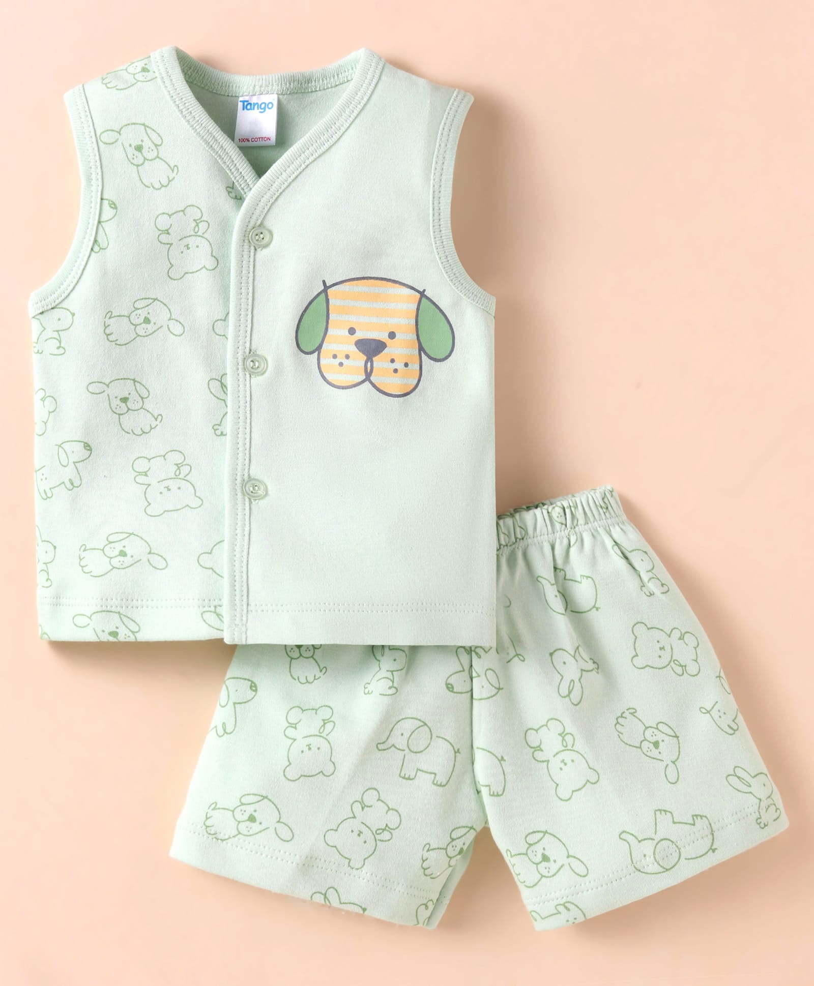 Tango Interlock Knit Sleeveless Shorts Night Suit With Dog Print - Light Green-picture-1