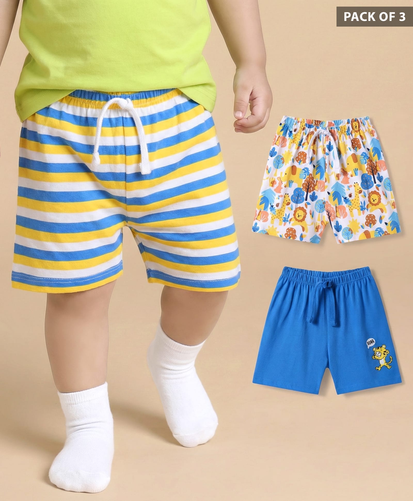 Babyhug Cotton Knit Mid Thigh Shorts with Jungle Theme Print & Stripes Pack of 3 - Multicolor