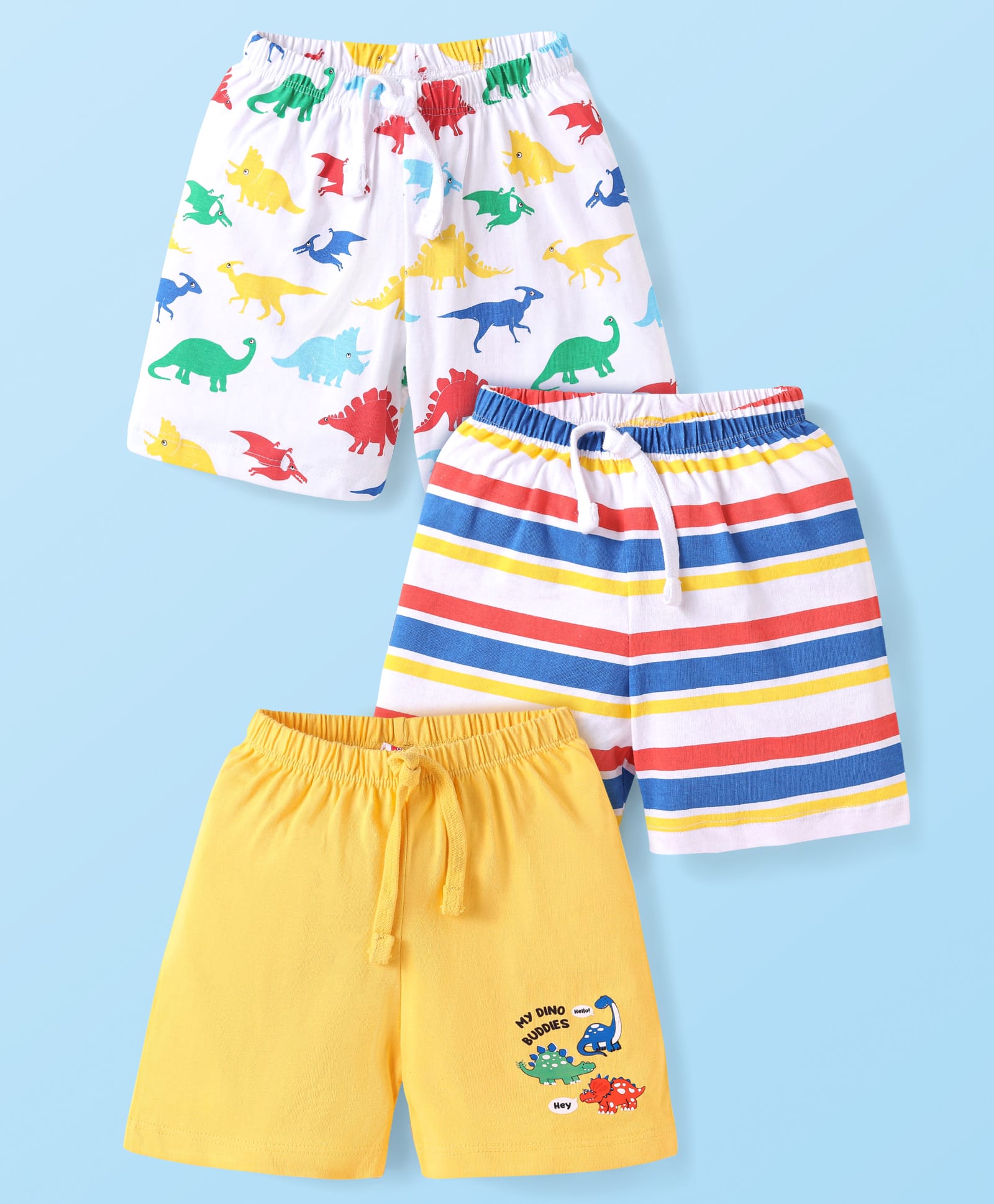 Babyhug Single Jersey Knit Shorts with Stripes & Dino Print Pack of 3 - Yellow & White
