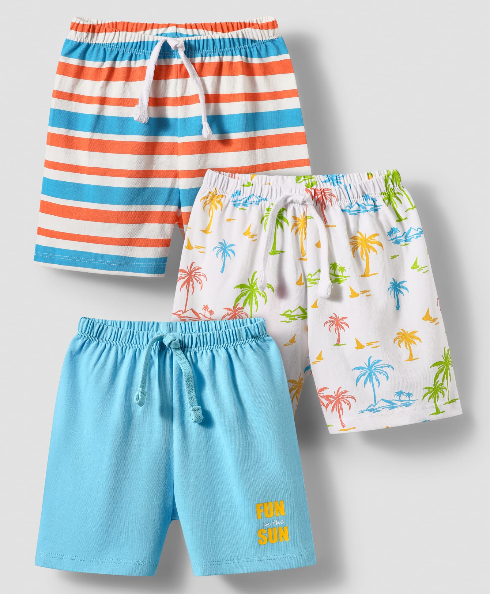 Babyhug Single Jersey Knit Shorts With Stripes & Beach Theme Print Pack Of 3 - Light Blue White & Orange