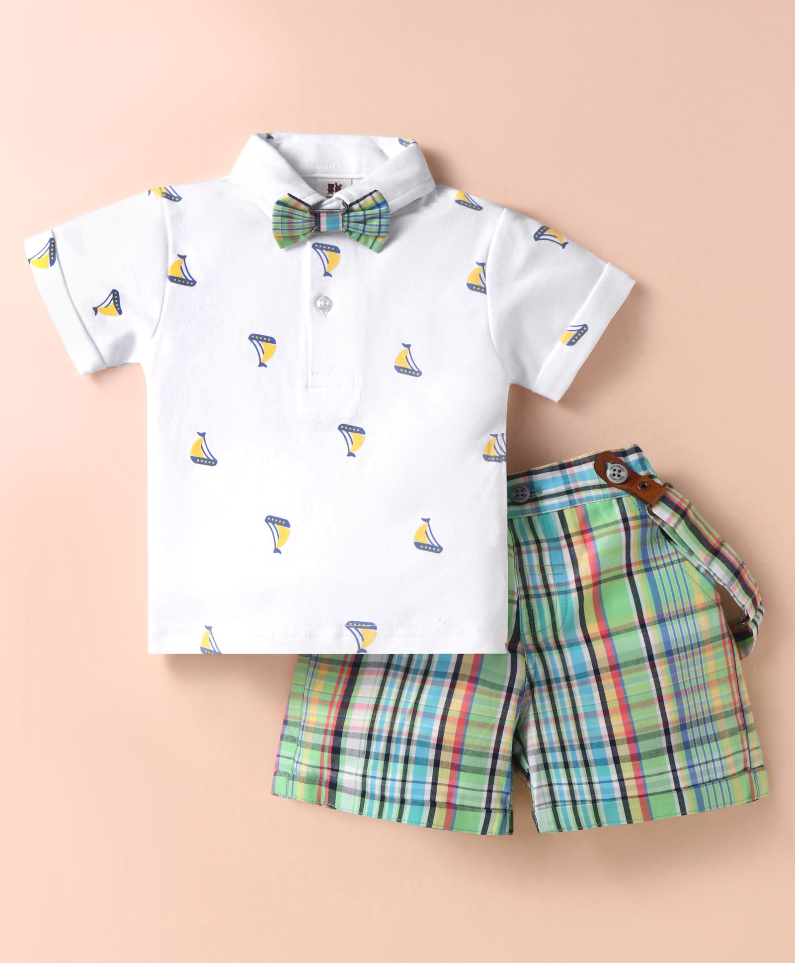 ToffyHouse Cotton Knit Half Sleeves Ship Printed Polo T-Shirt & Checkered Shorts with Bow & Suspender - White & Neon Green-image-3