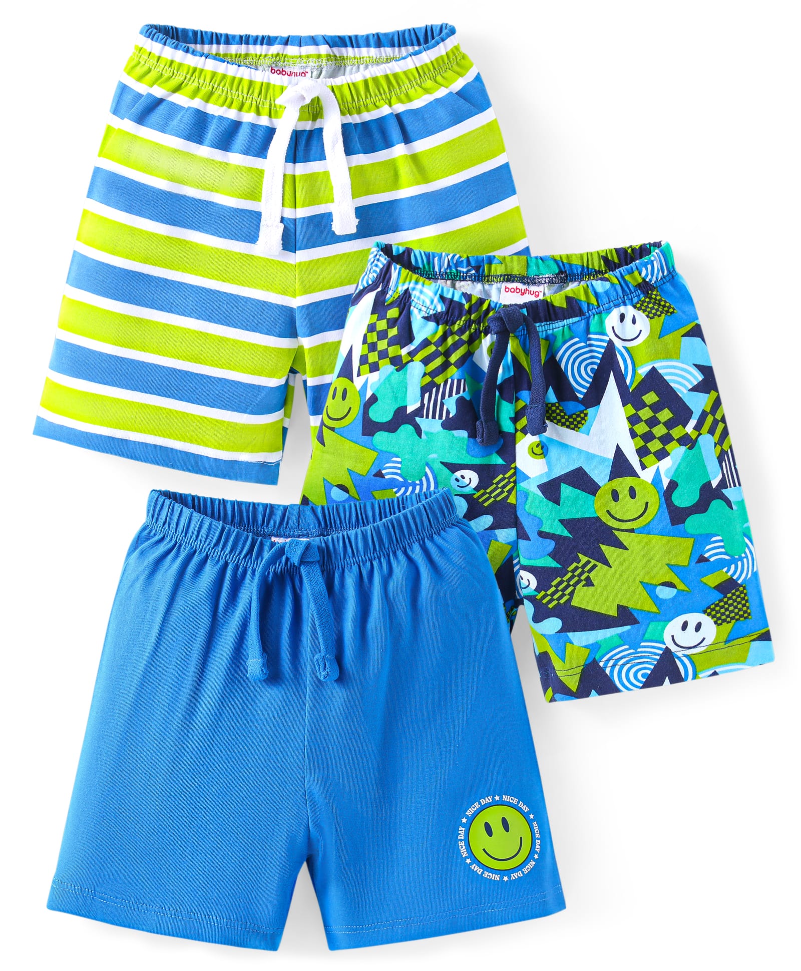 Babyhug Cotton Knit Mid Thigh Length Shorts with Smiley Print & Stripes Pack of 3 - Light Green & Blue
