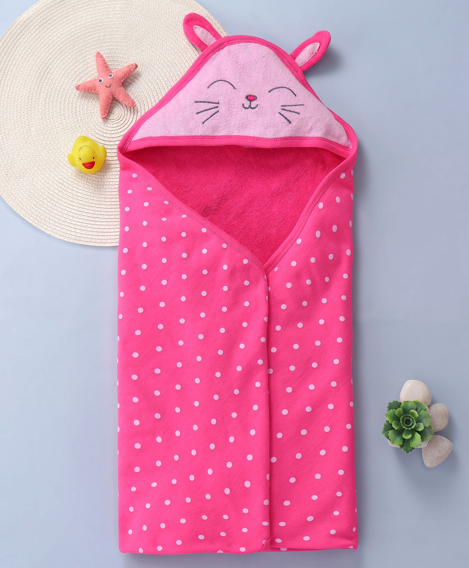 Babyhug Cotton Knit Hooded Towel With Bunny Ears Applique L 30 x B 30 cm - Pink-image-44