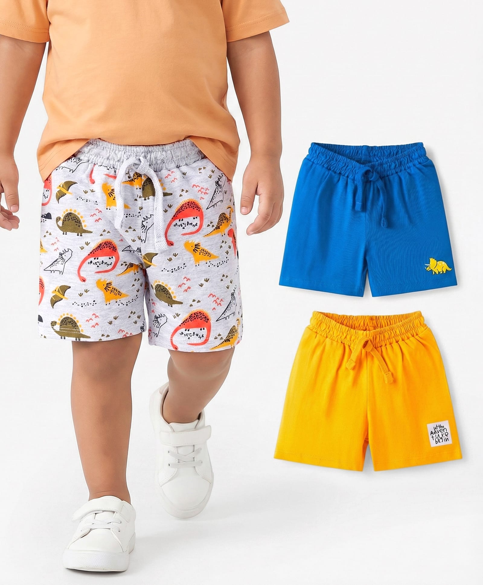 Babyhug Cotton Knit Mid Thigh Length Shorts with Dino Print Pack of 3 - Grey Blue & Yellow-picture-16