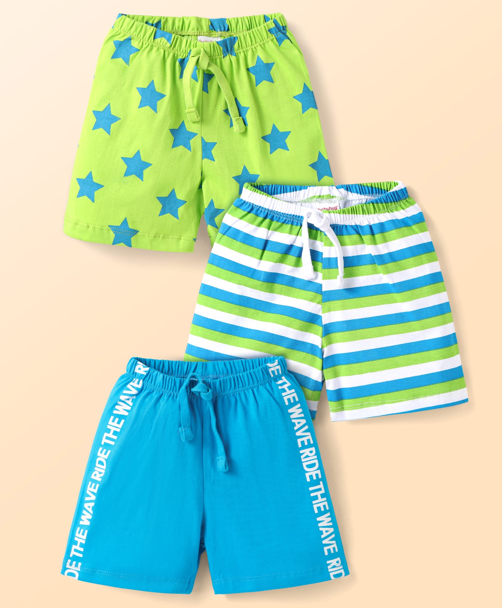 Babyhug Single Jersey Knit Shorts with Stripes Star & Text Print Pack of 3 - Limegreen & Light Blue