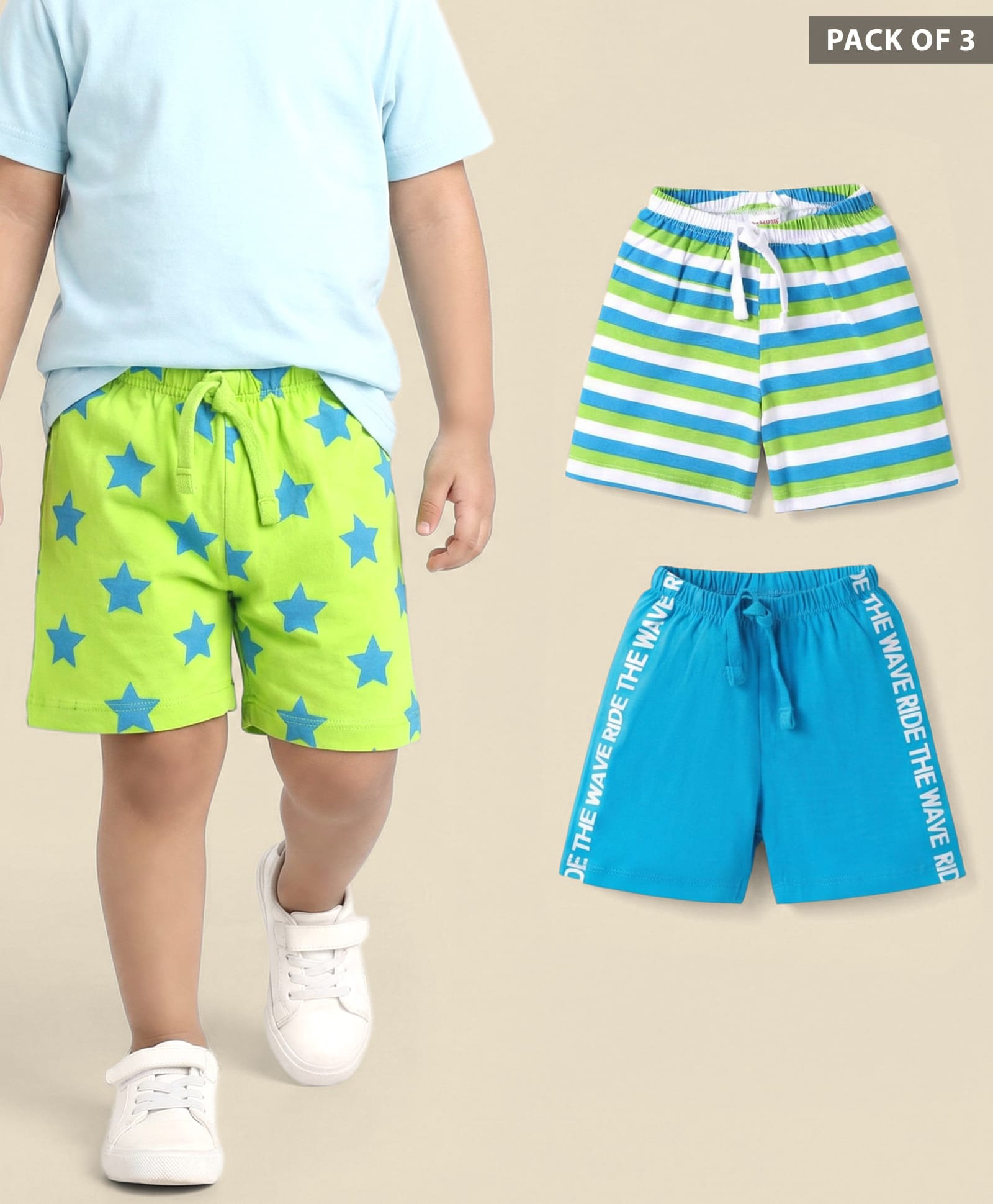Babyhug Single Jersey Knit Shorts with Stripes Star & Text Print Pack of 3 - Limegreen & Light Blue-image-18
