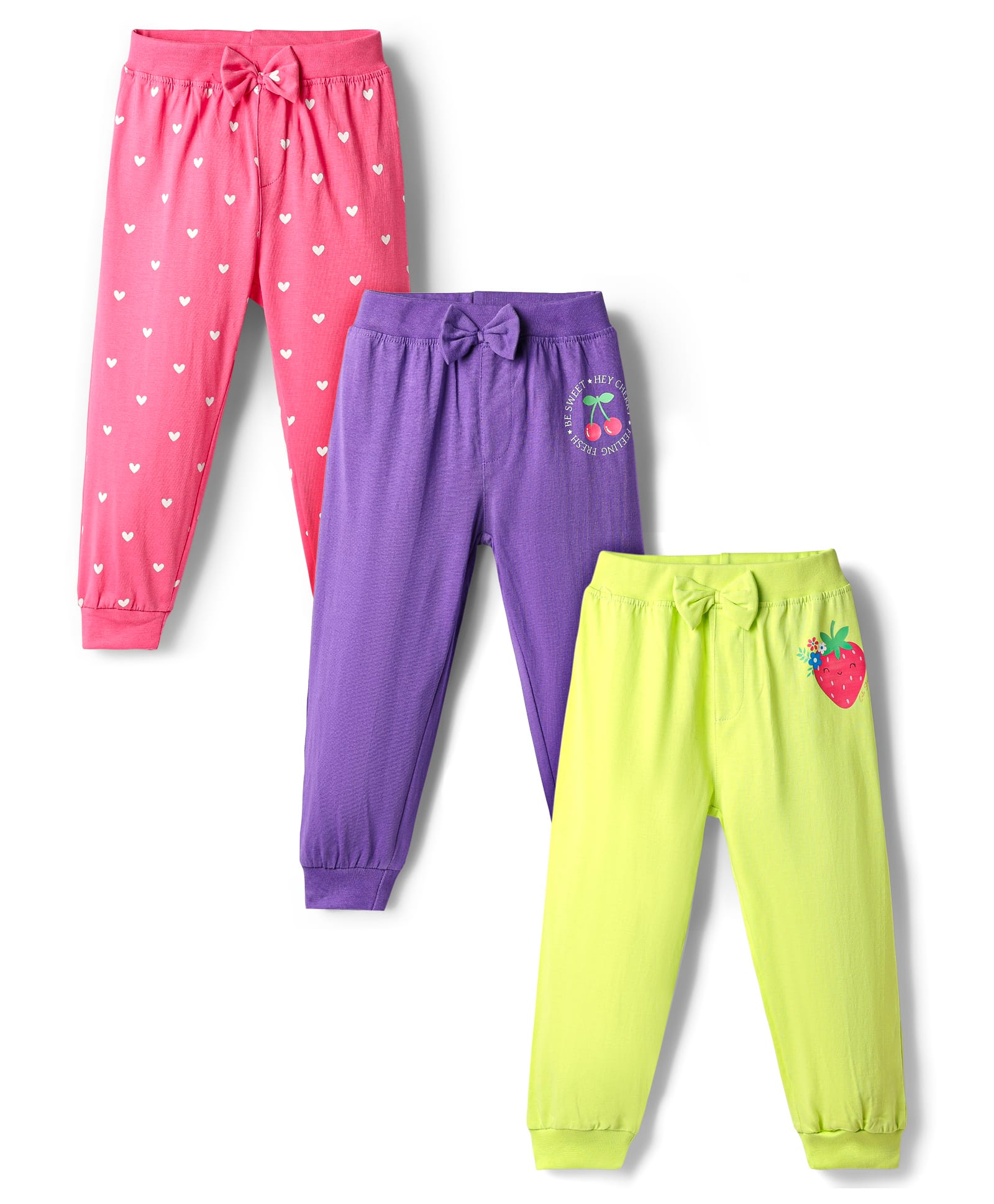 Babyhug Cotton Terry Knit Full Length Heart Printed Lounge Pants With Bow Applique Pack Of 3 - Pink Purple & Lime Green-image-29