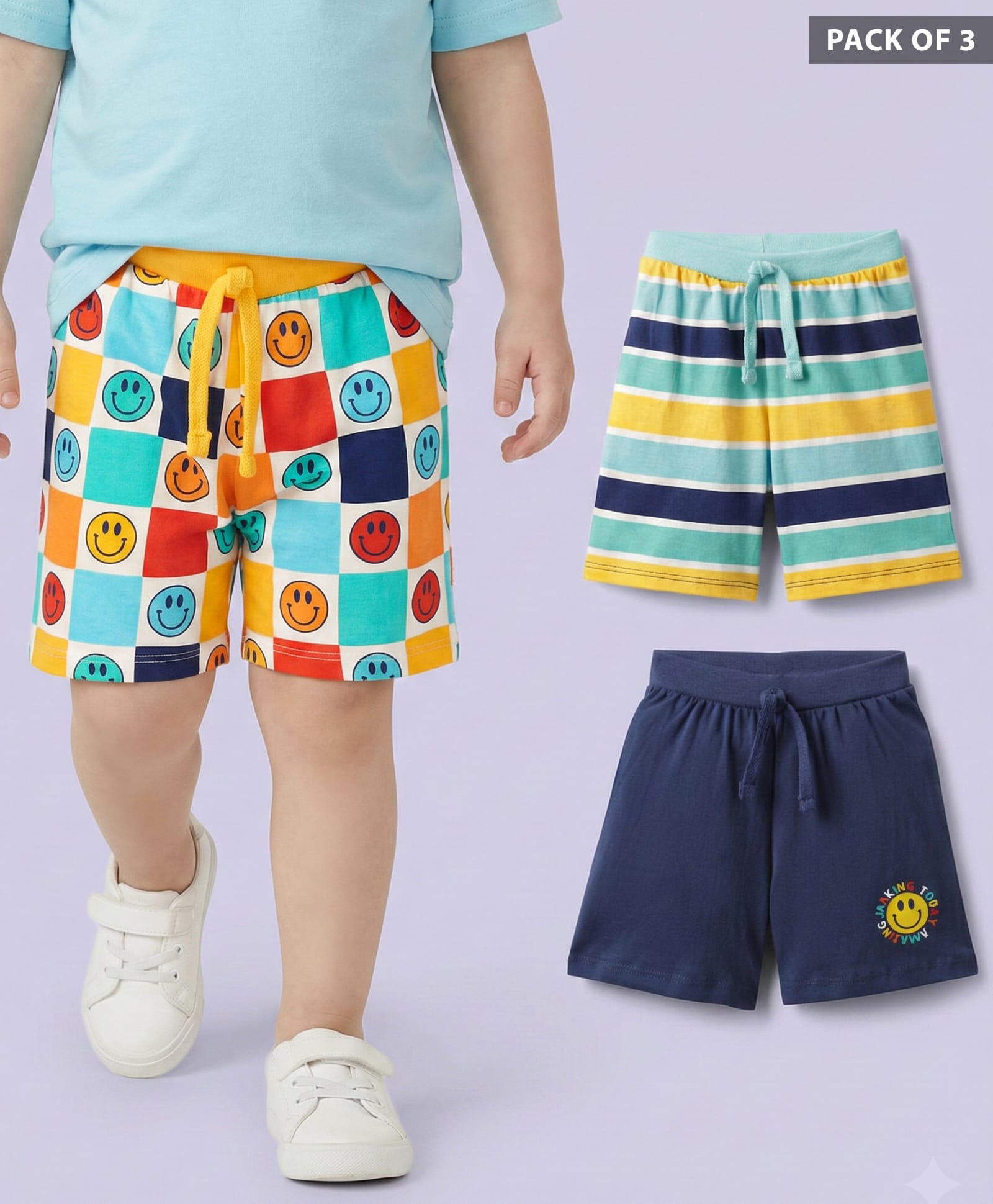 Babyhug Single Jersey Knit Shorts With Stripes & Smiley Print Pack Of 3 - Navy Blue Light Blue & Yellow-image-37