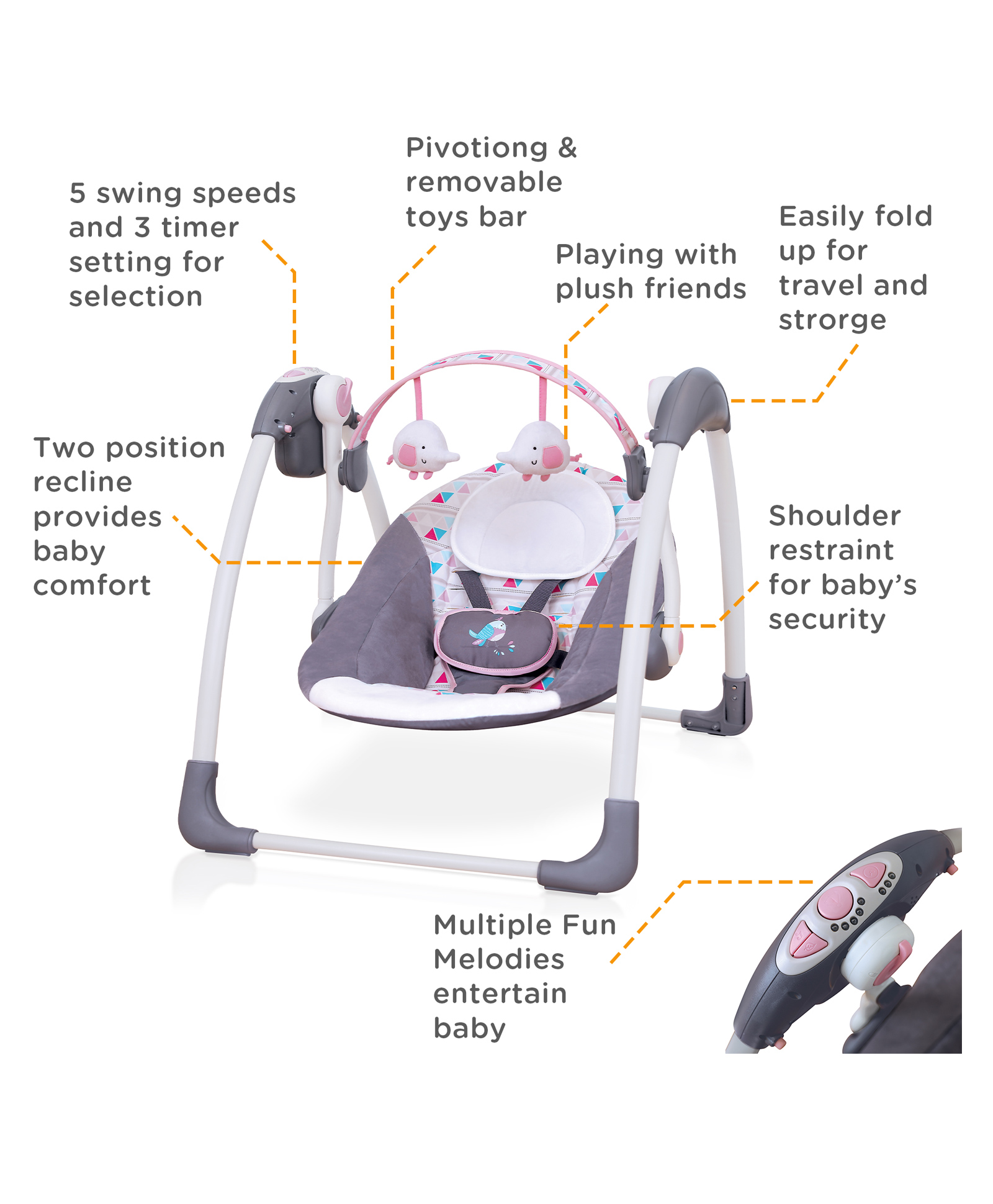 Mastela Deluxe Portable Musical Swing - Grey White-image-42