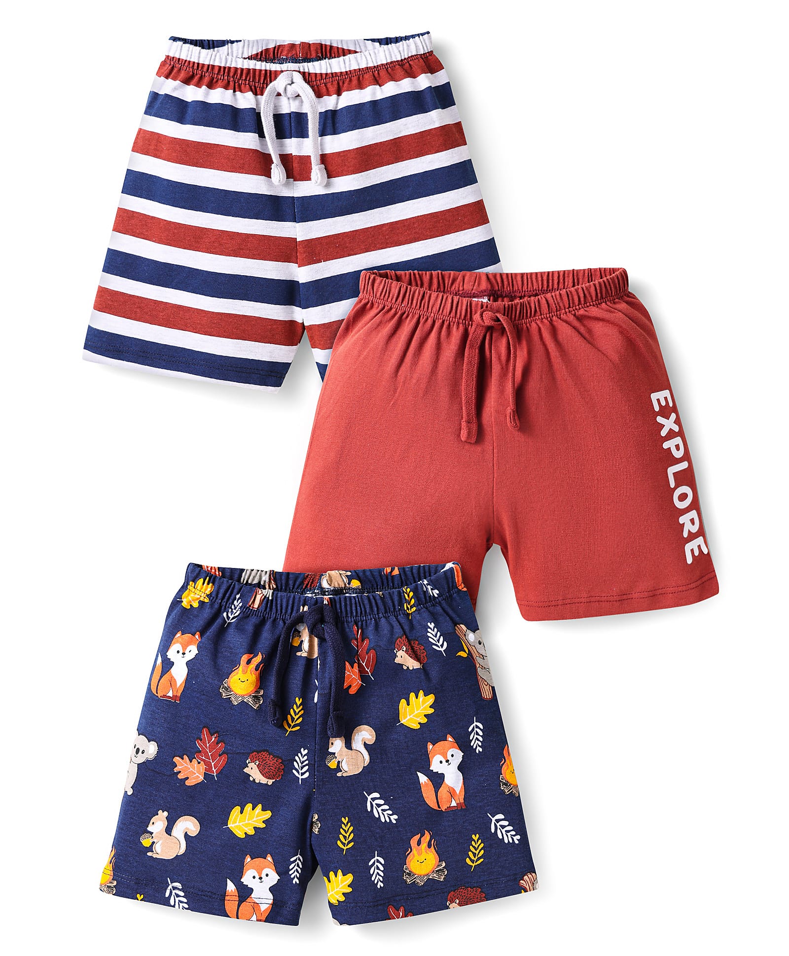 Babyhug Cotton Knit Shorts with Stripes & Animal Print Pack of 3 -Navy Blue & Maroon